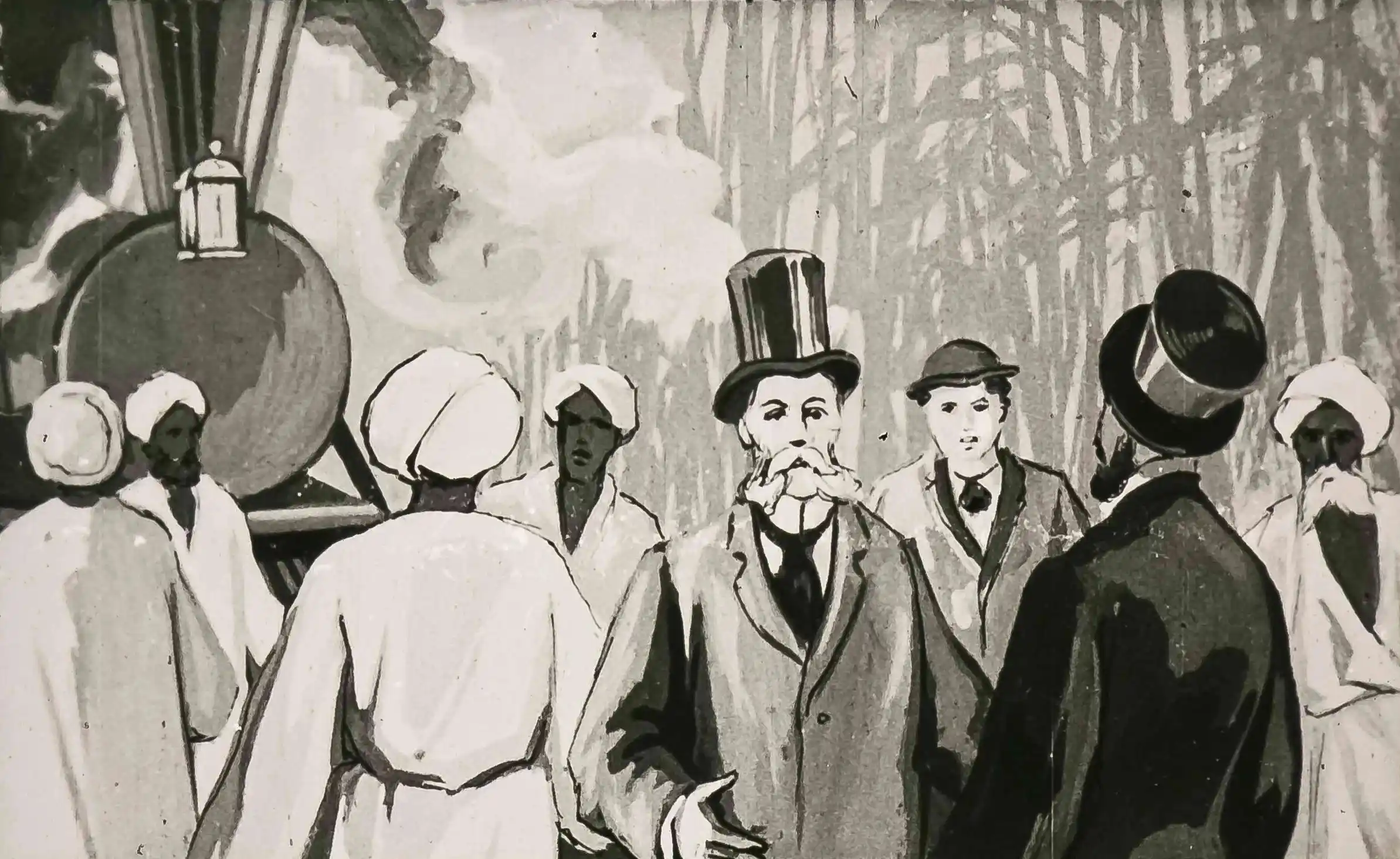 Imagine în alb și negru cu personaje care discută despre o lipsă de mijloace de transport.