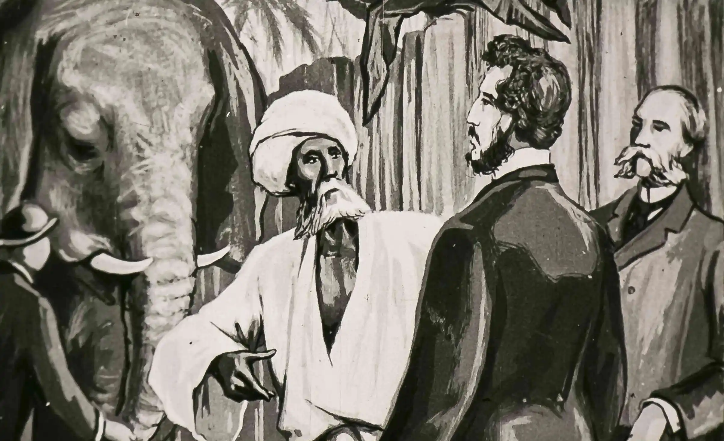 Ilustrație care prezintă o scenă cu un elefant și personaje discutând despre un pariu.