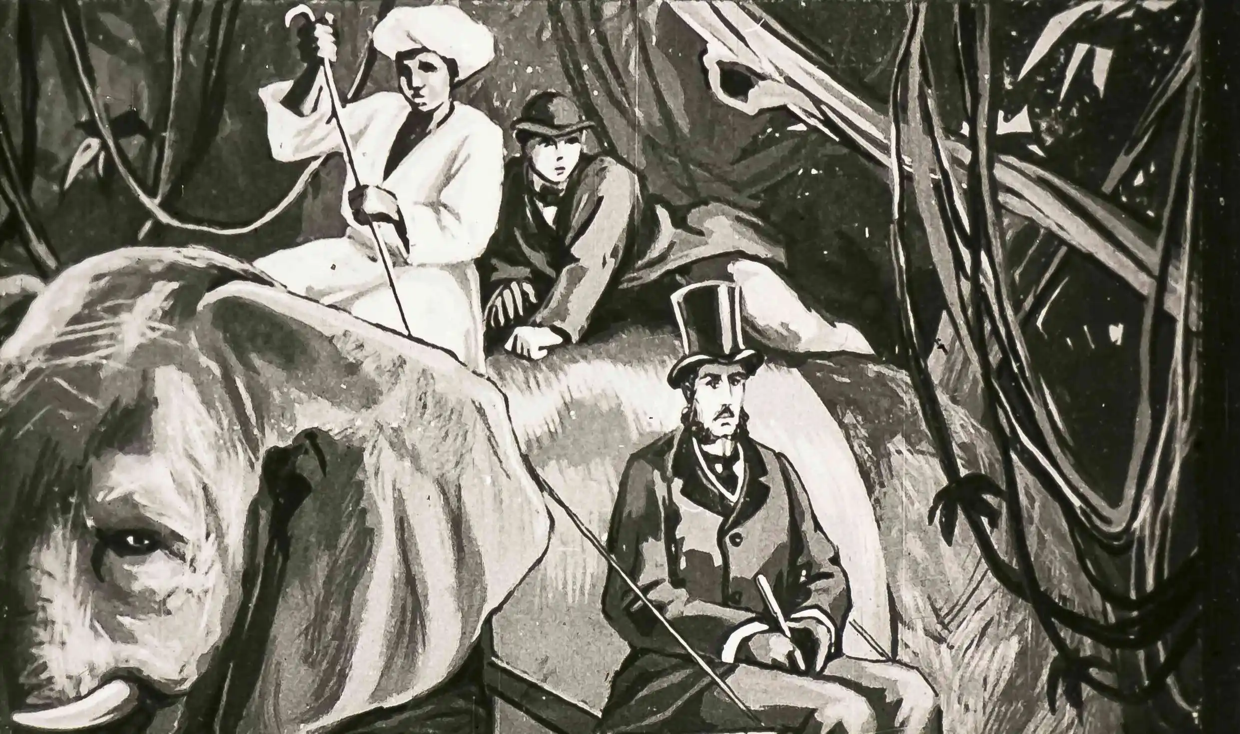 Imagine ilustrativă cu un elefant și trei personaje într-un peisaj tropical.