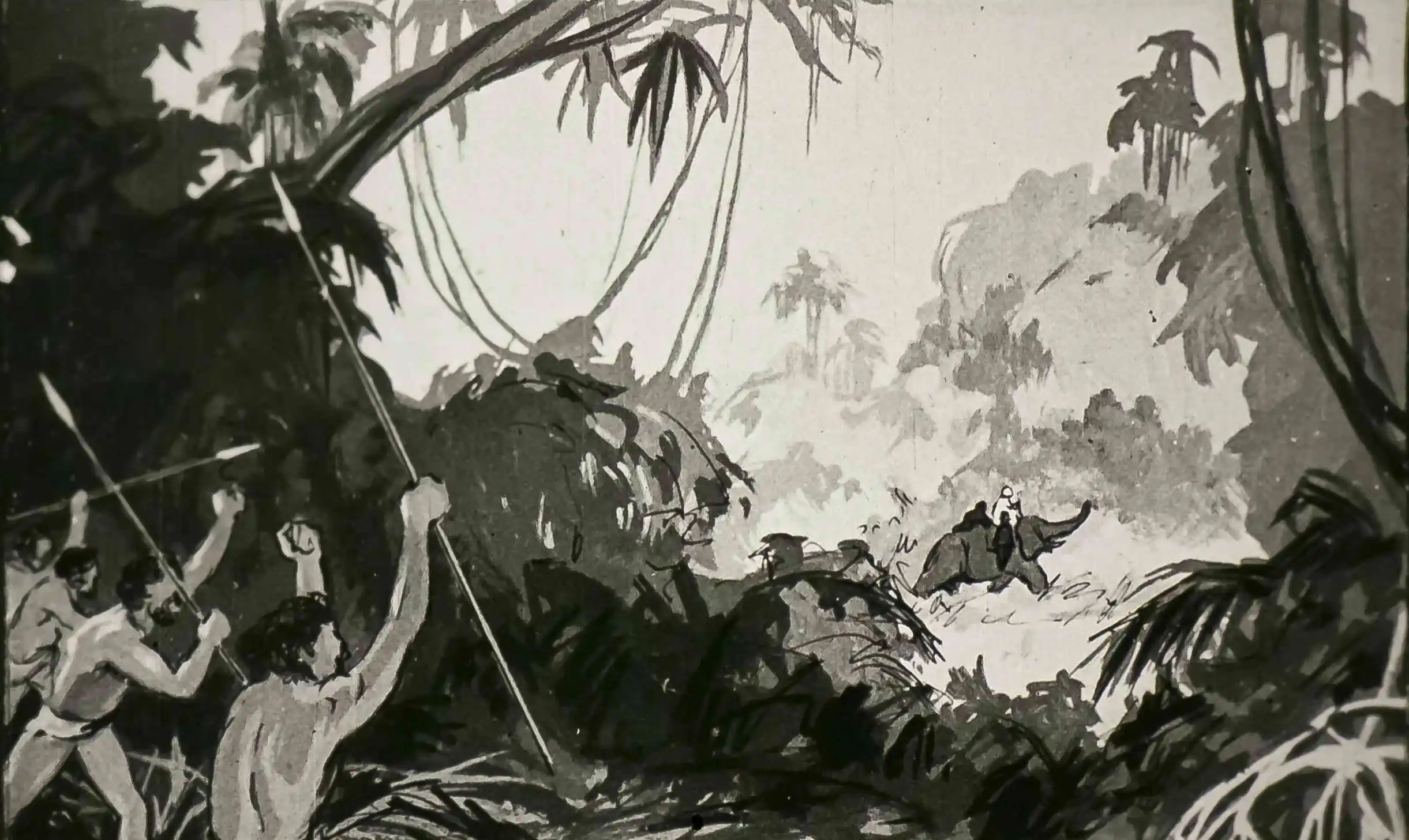 Imagine în care călătorii avansează cu precauție printr-o zonă sălbatică.