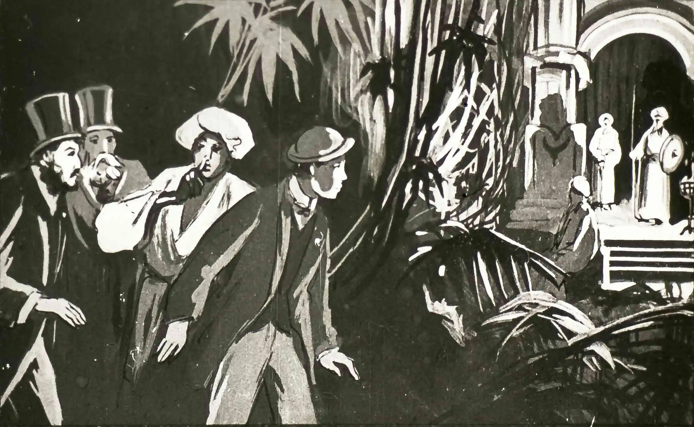 Imagine în alb-negru cu personaje în costumul secolului XIX, prezentând o scenă de tensiune în natură.