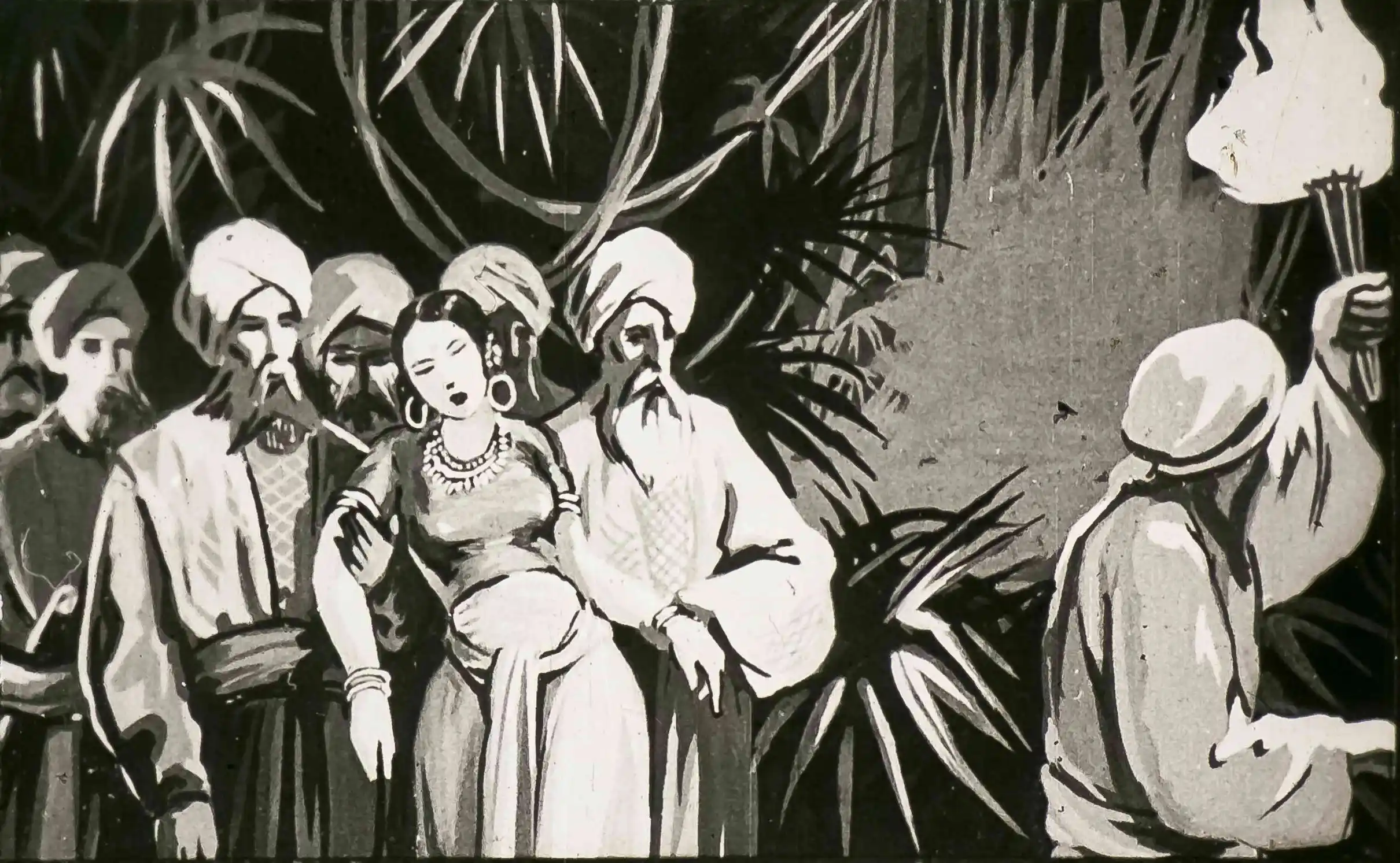 O scenă dintr-o poveste care ilustrează soarta tragică a unei prințese, cu personaje în jur și un fundal natural.