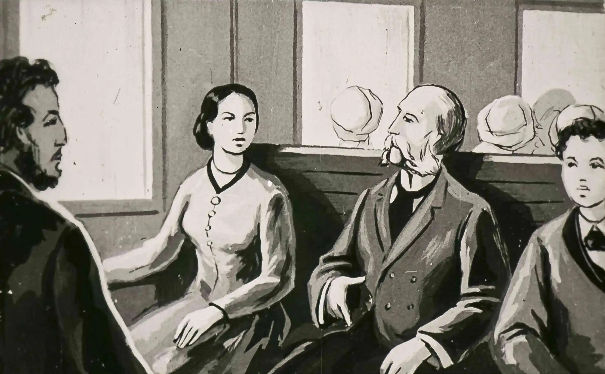 Ilustrație în care patru personaje discută într-un tren, cu text descriptiv la baza imaginii.