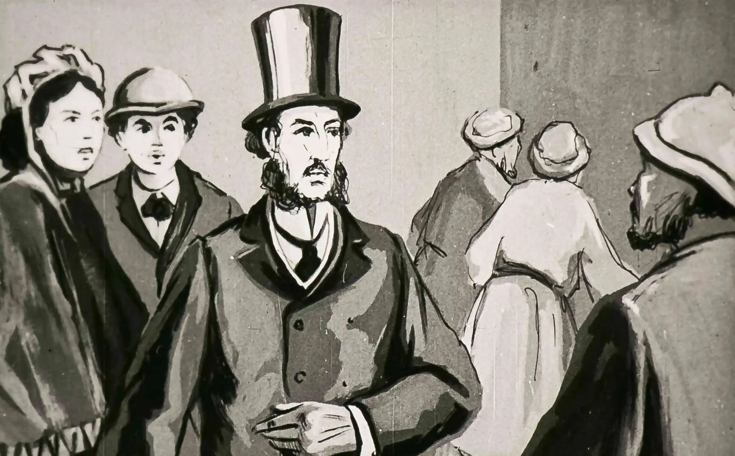 O scenă ilustrată care prezintă personaje discutând, cu un bărbat îmbrăcat elegant în fața grupului.