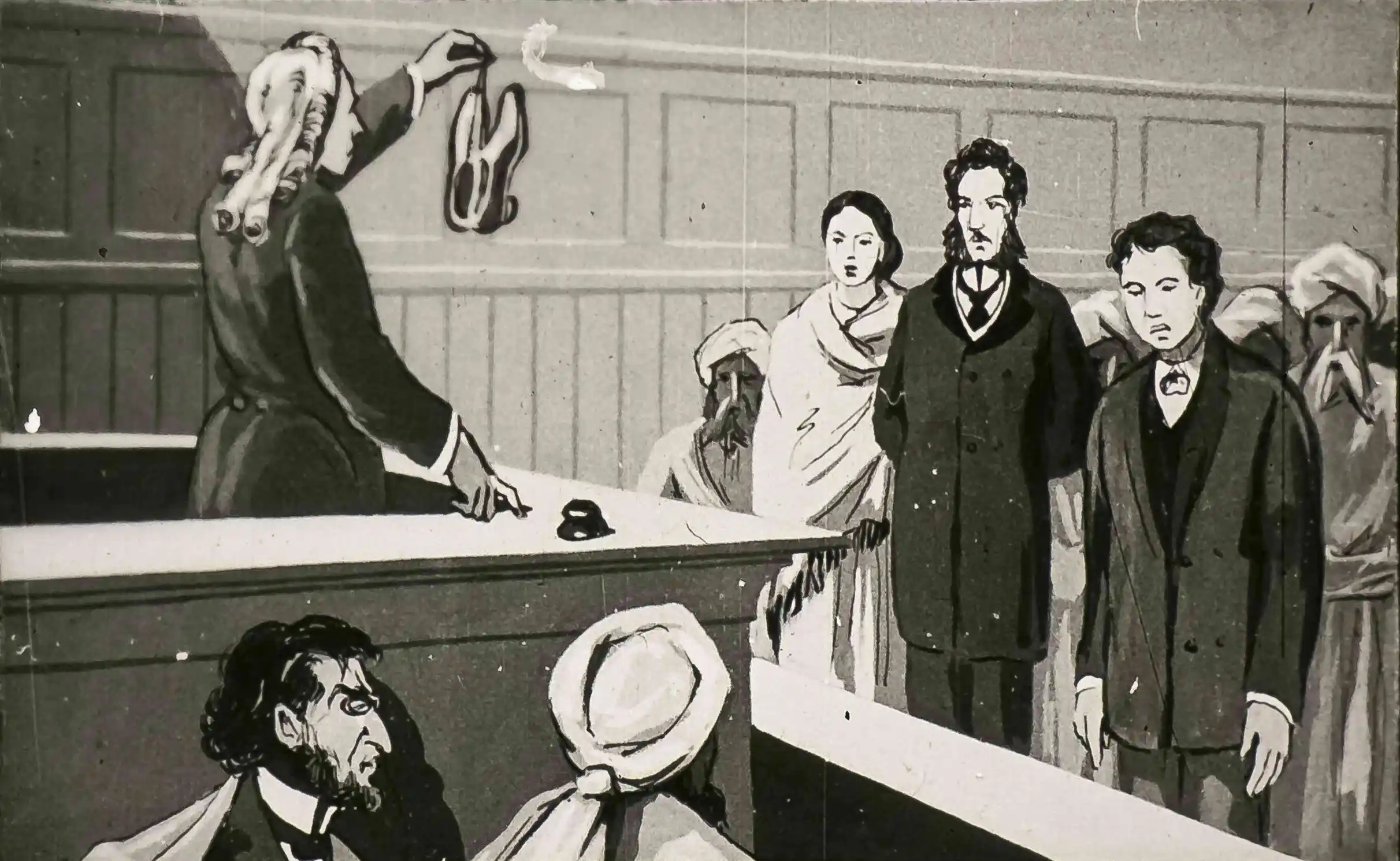 Imagine dintr-o săli de judecată, cu personaje în diverse ipostaze.