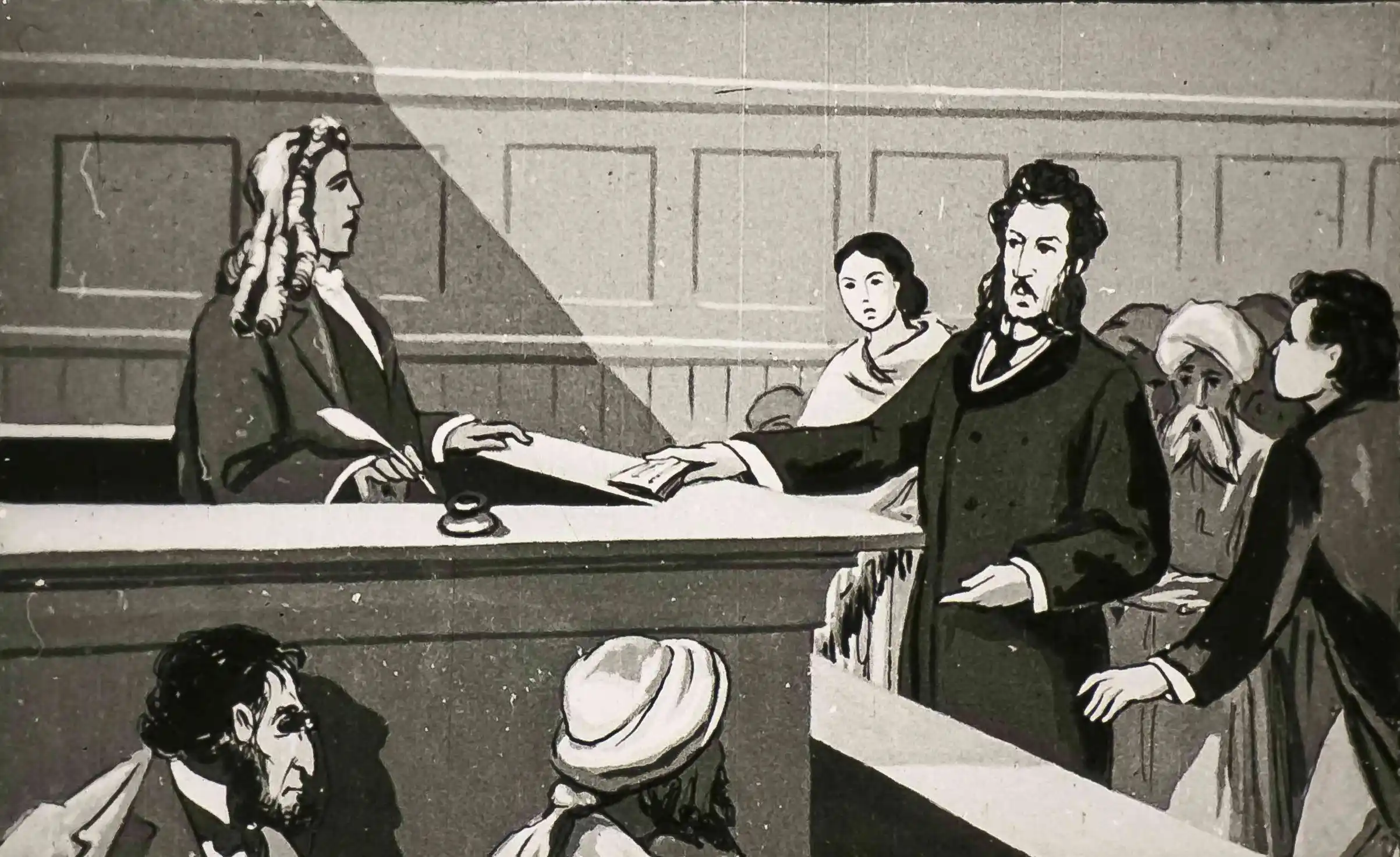 O scenă de tribunal cu personaje ce discută despre o despăgubire, inclusiv un bărbat în costume victorian și o femeie cu păr ondulat.