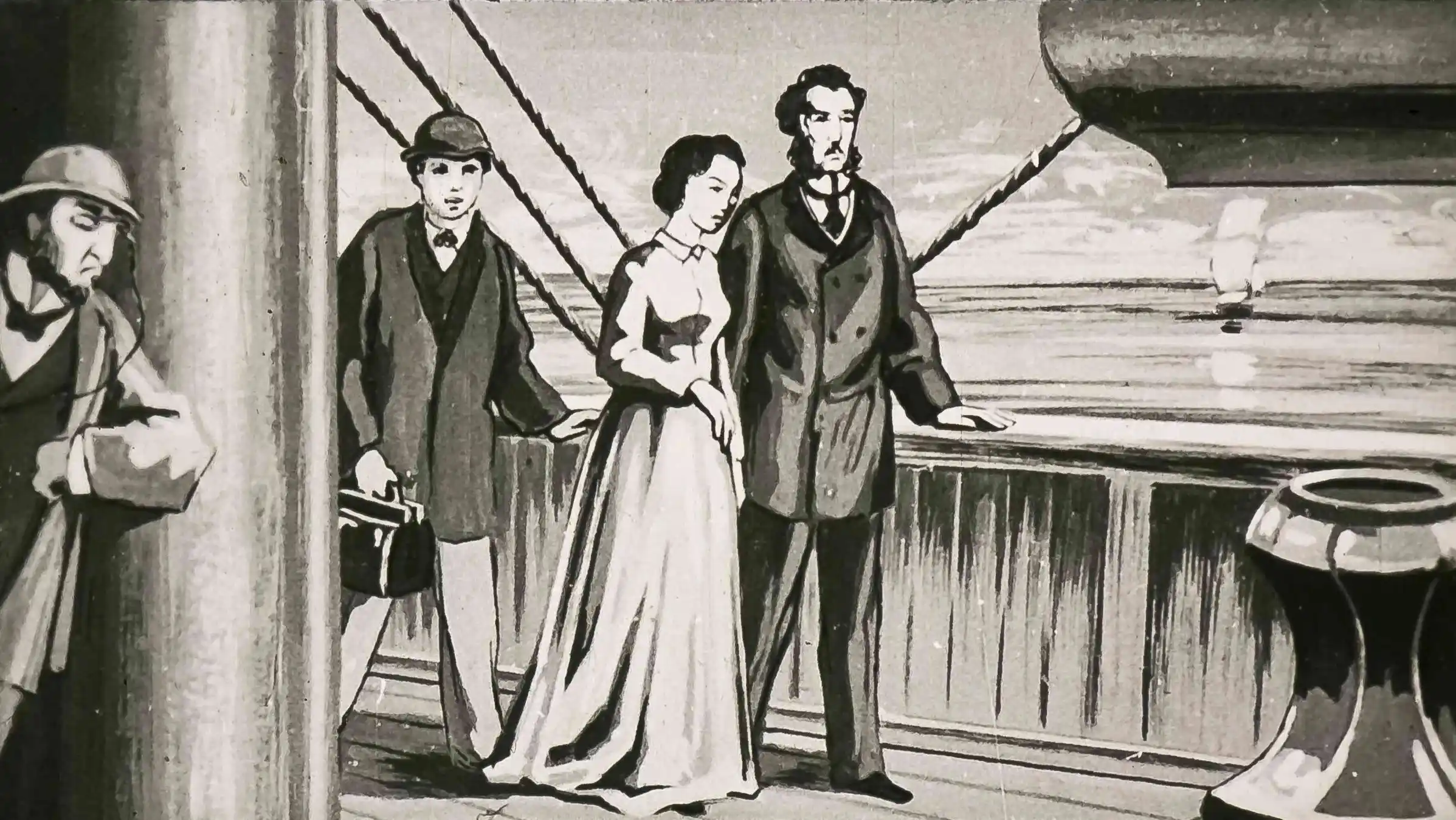 Imagine ilustrarea unei scene dintr-o poveste despre personaje care se îmbarcă spre Hong Kong.