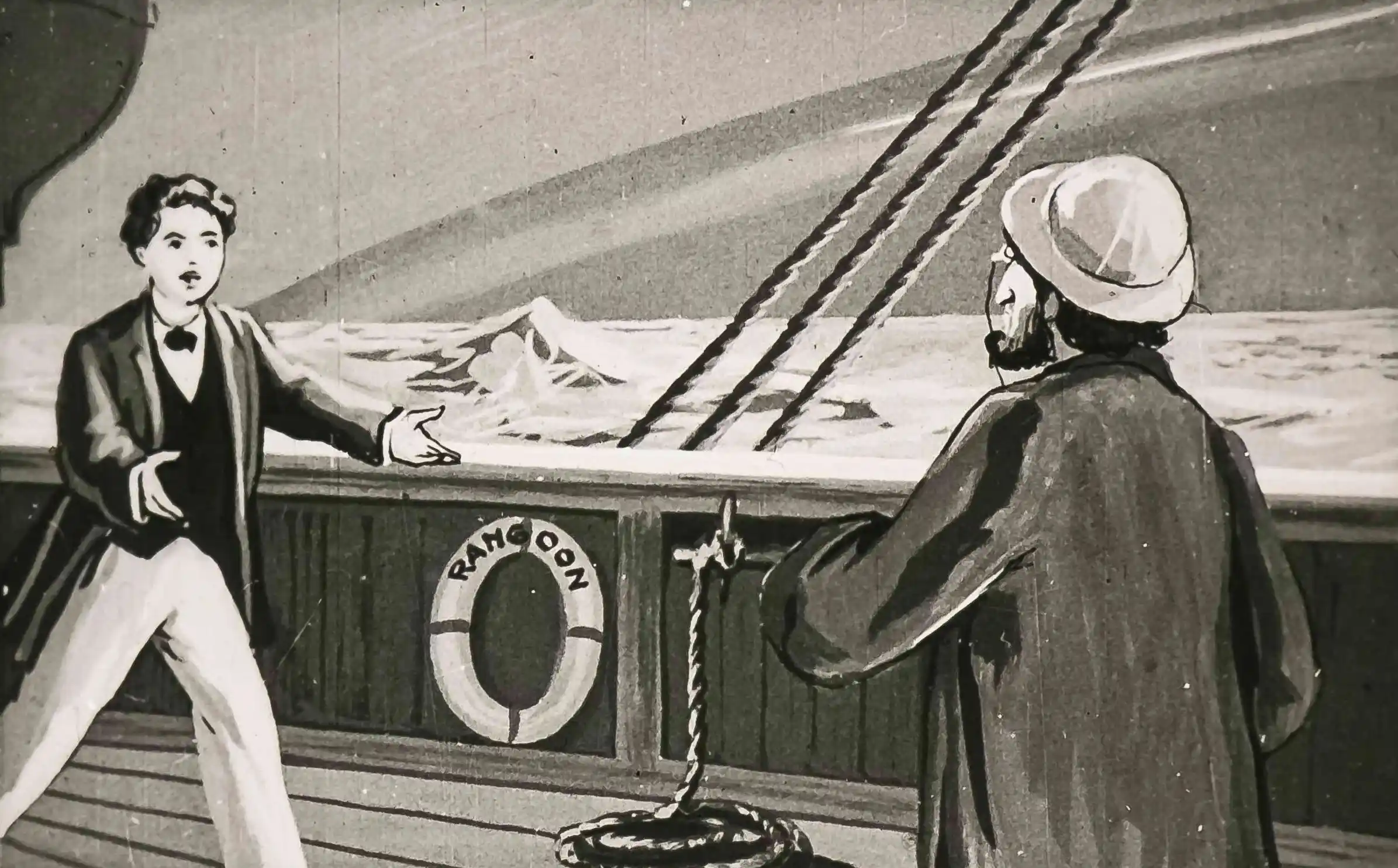 Ilustrație care prezintă o întâlnire între doi personaje pe un vas, cu text explicativ despre interacțiunea lor.