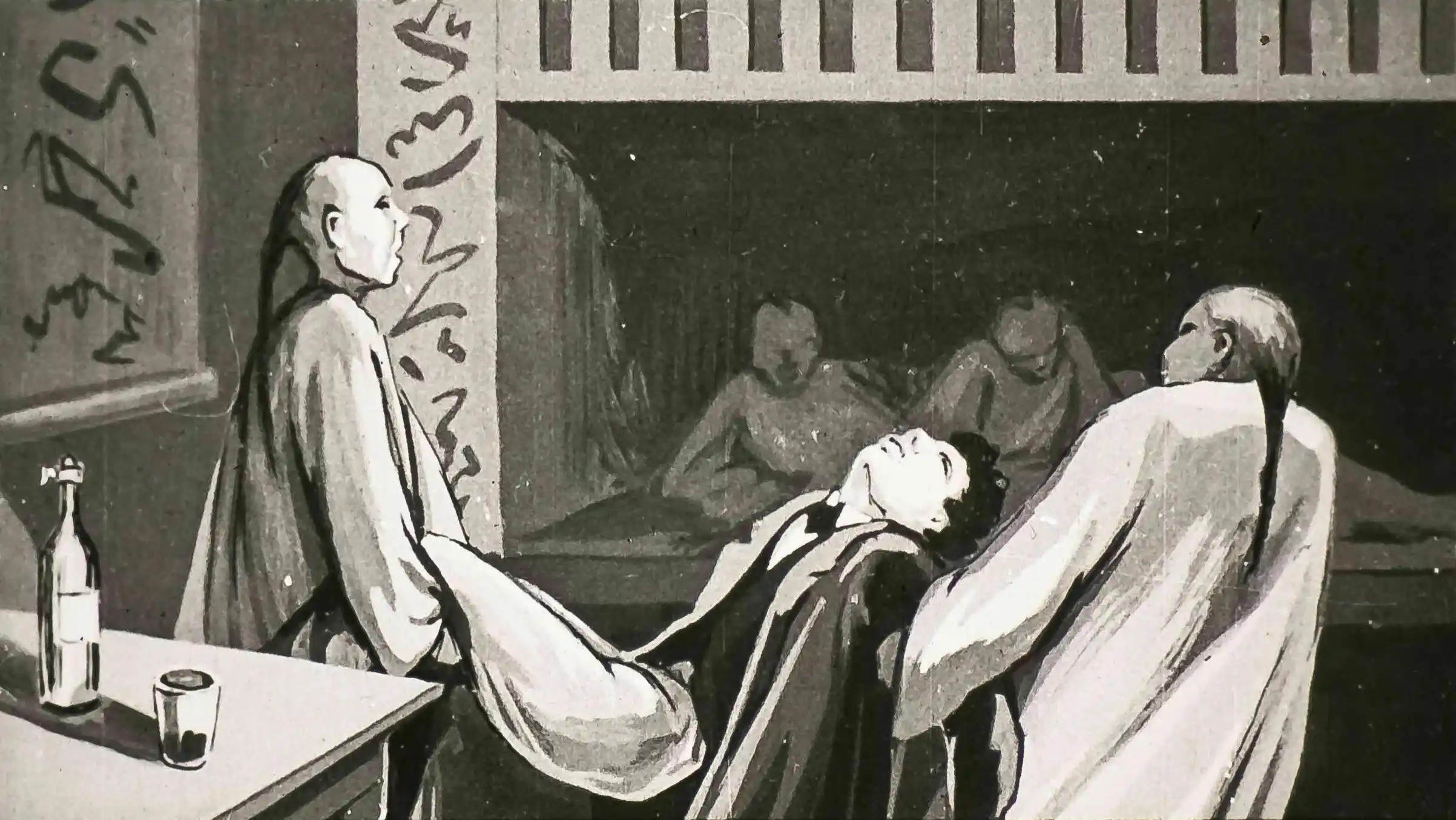 Imagine in care mai multi personaje sunt prezenti intr-o scena dramatica, cu text explicativ despre situatia lor.