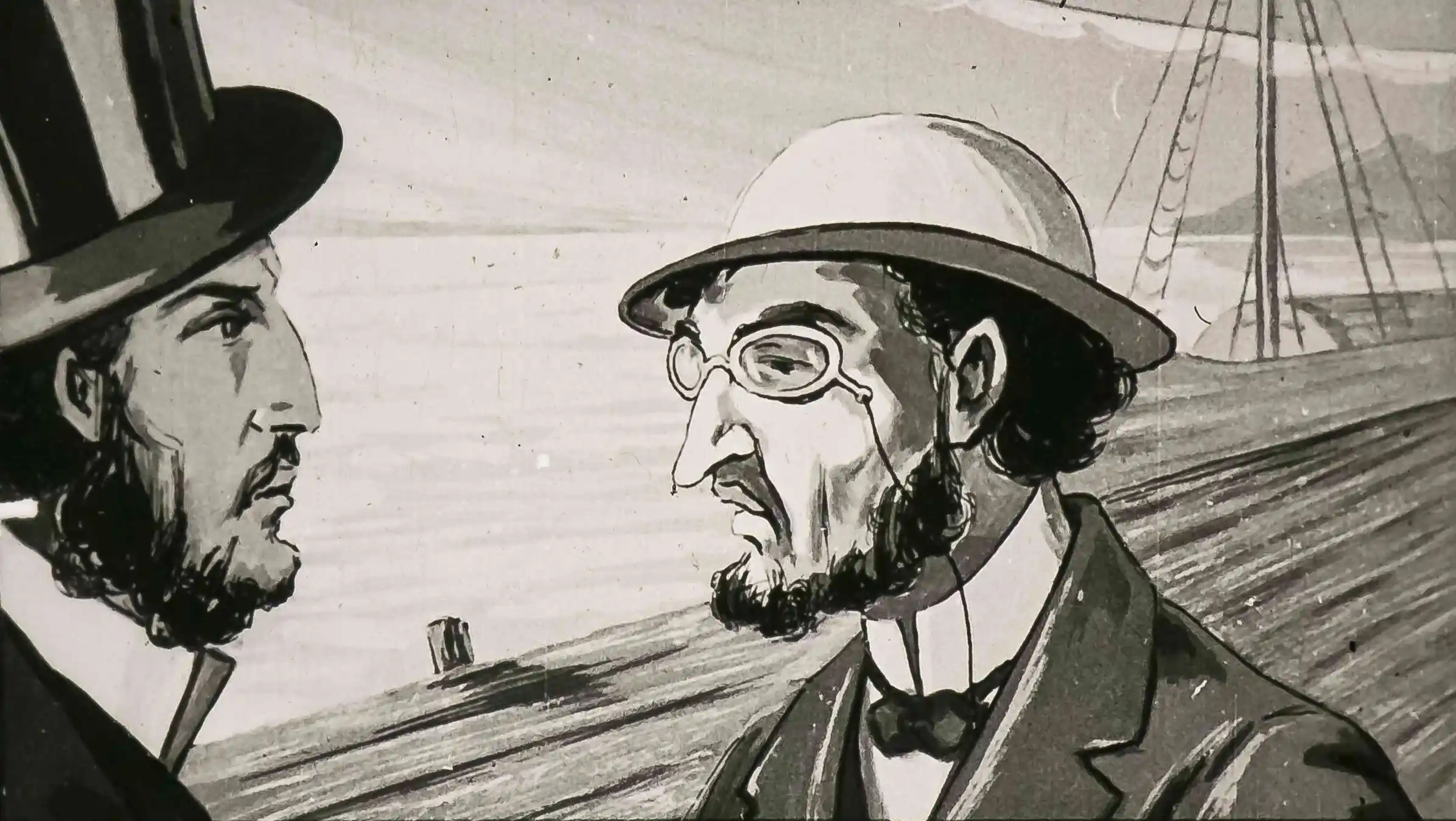 Două personaje discută pe un fundal de port, exprimându-se despre dispariția lui Passepartout și plecarea unui vapor.