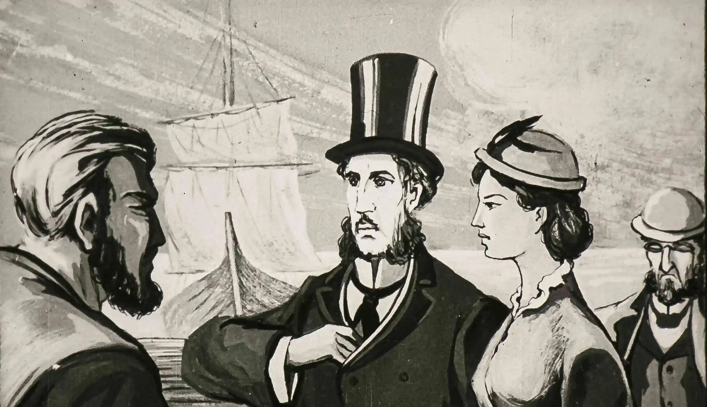 Ilustrație cu personaje într-o discuție, pe fundal un peisaj maritim.