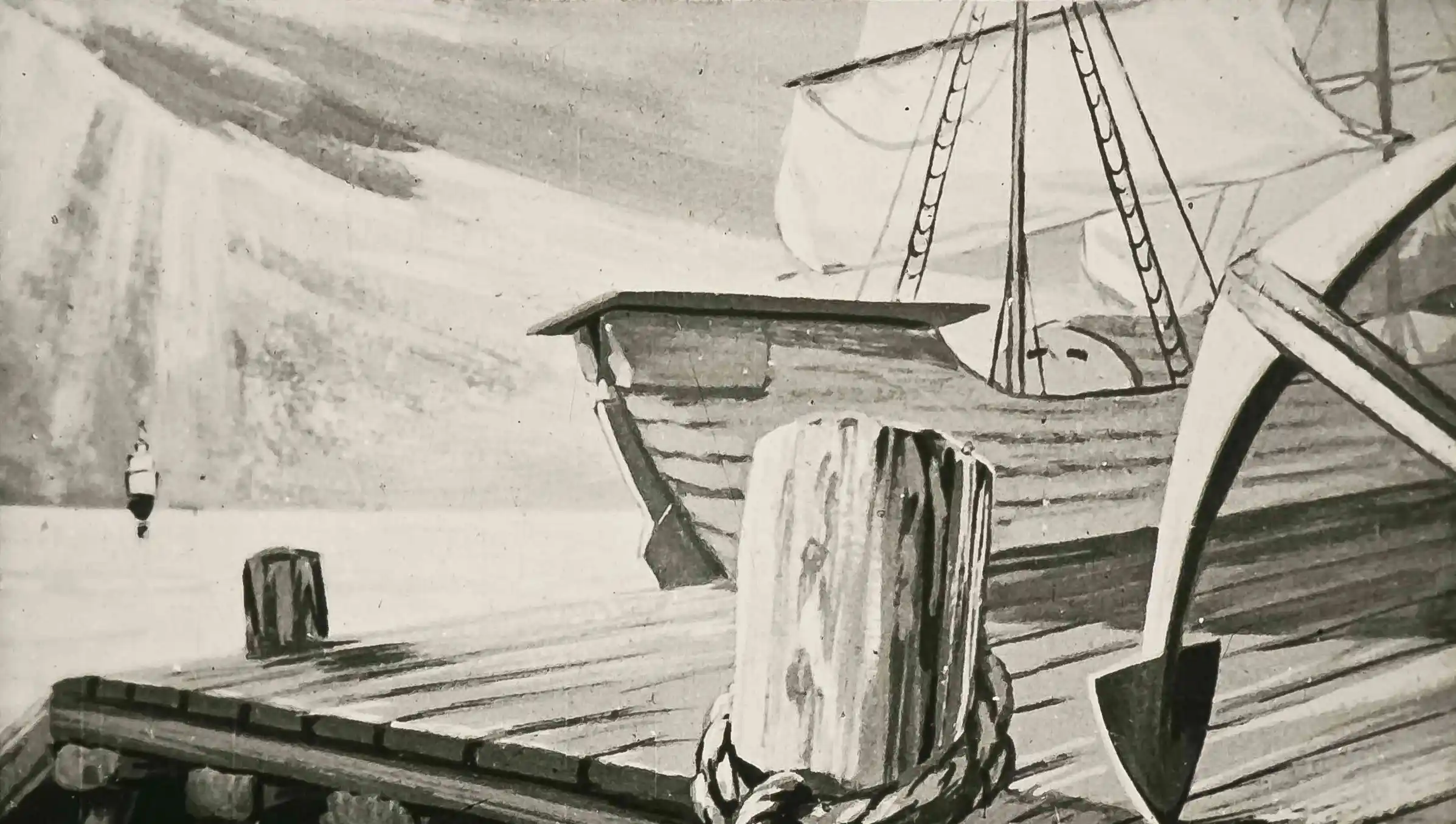 Imagine care ilustrează un port unde o ambarcațiune se pregătește de plecare, cu un text descriptiv pe un fundal artistic.