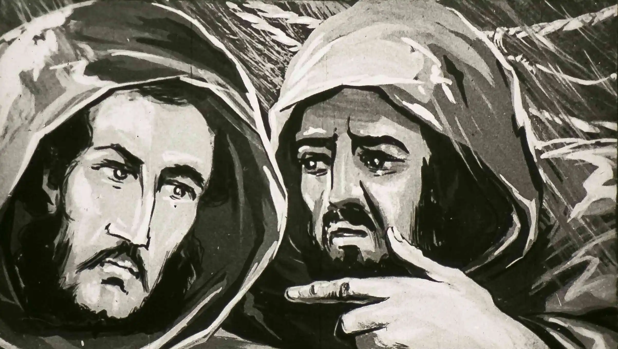 Imagine în care două personaje discută pe un fundal oceanic.