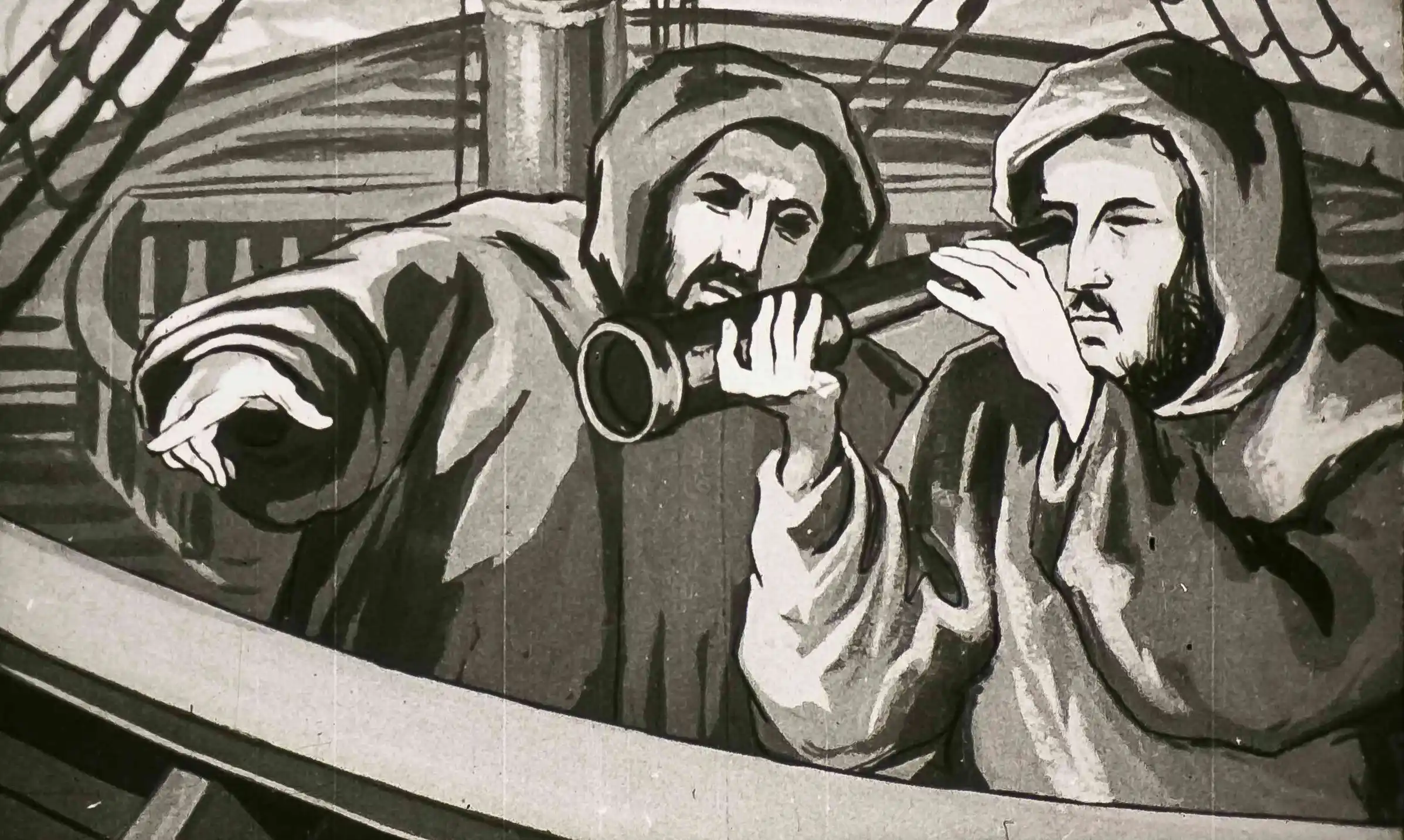 Două personaje îmbrăcate în mantii discută pe un vapor, cu detalii despre vaporul Carnatic și plecarea din Hong Kong.