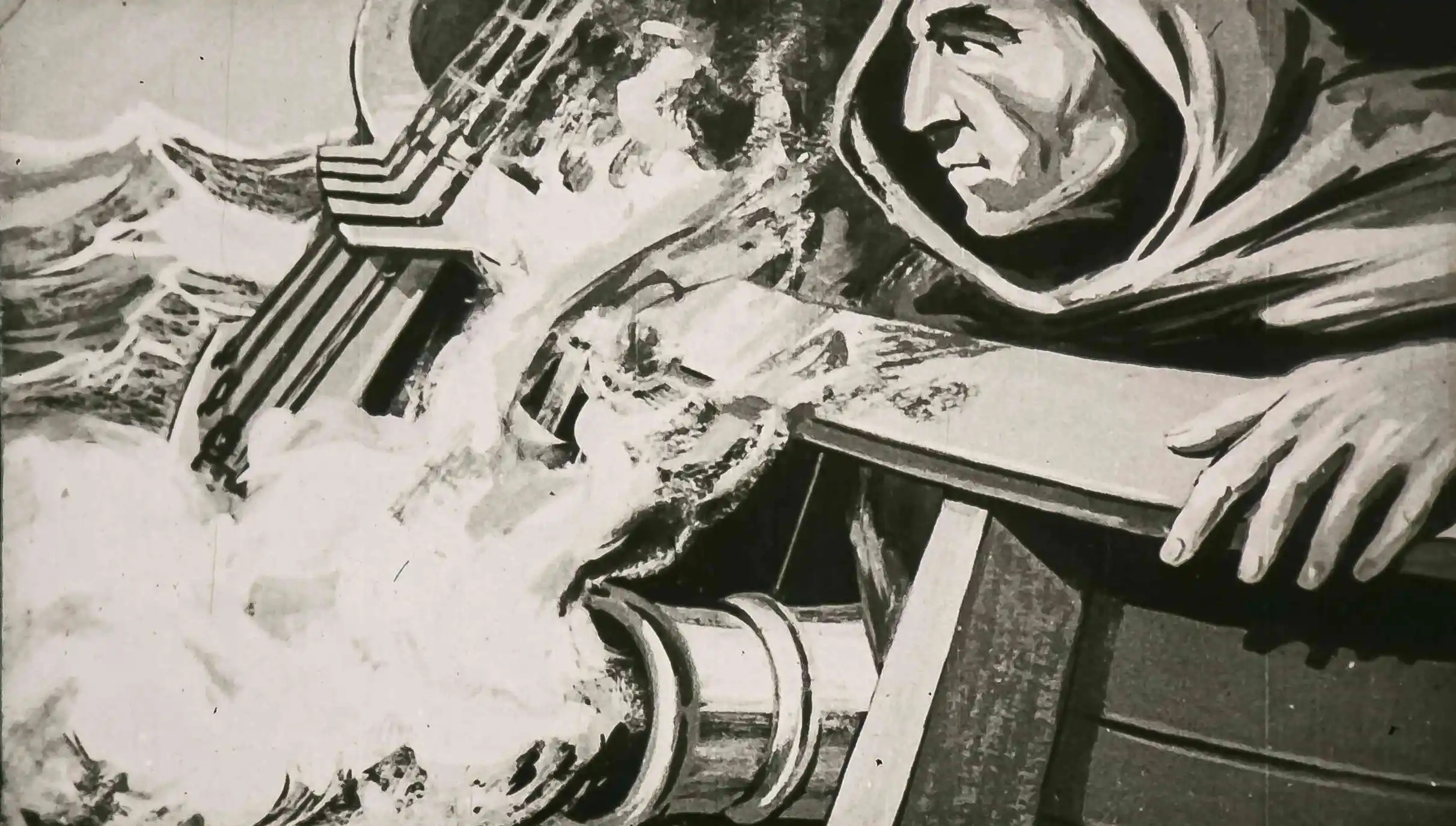 Imagine în alb-negru cu un personaj care privește intens în depărtare, în jurul căruia se află vapori de apă sau fum, reprezentând o scenă de navigare.