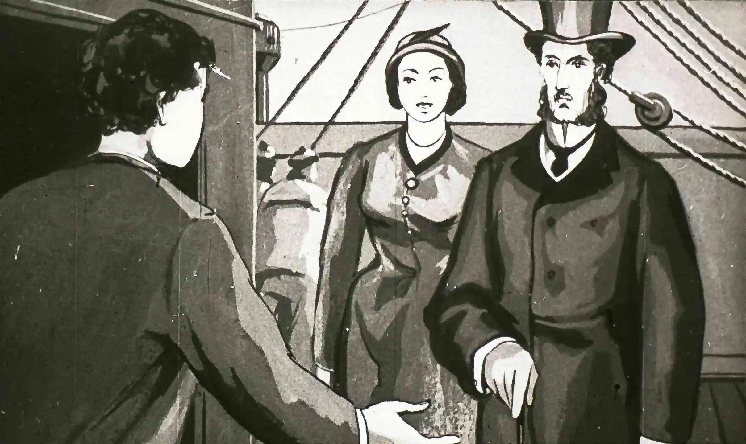 Ilustrație cu o scenă pe un vapor, în care personajele discută.