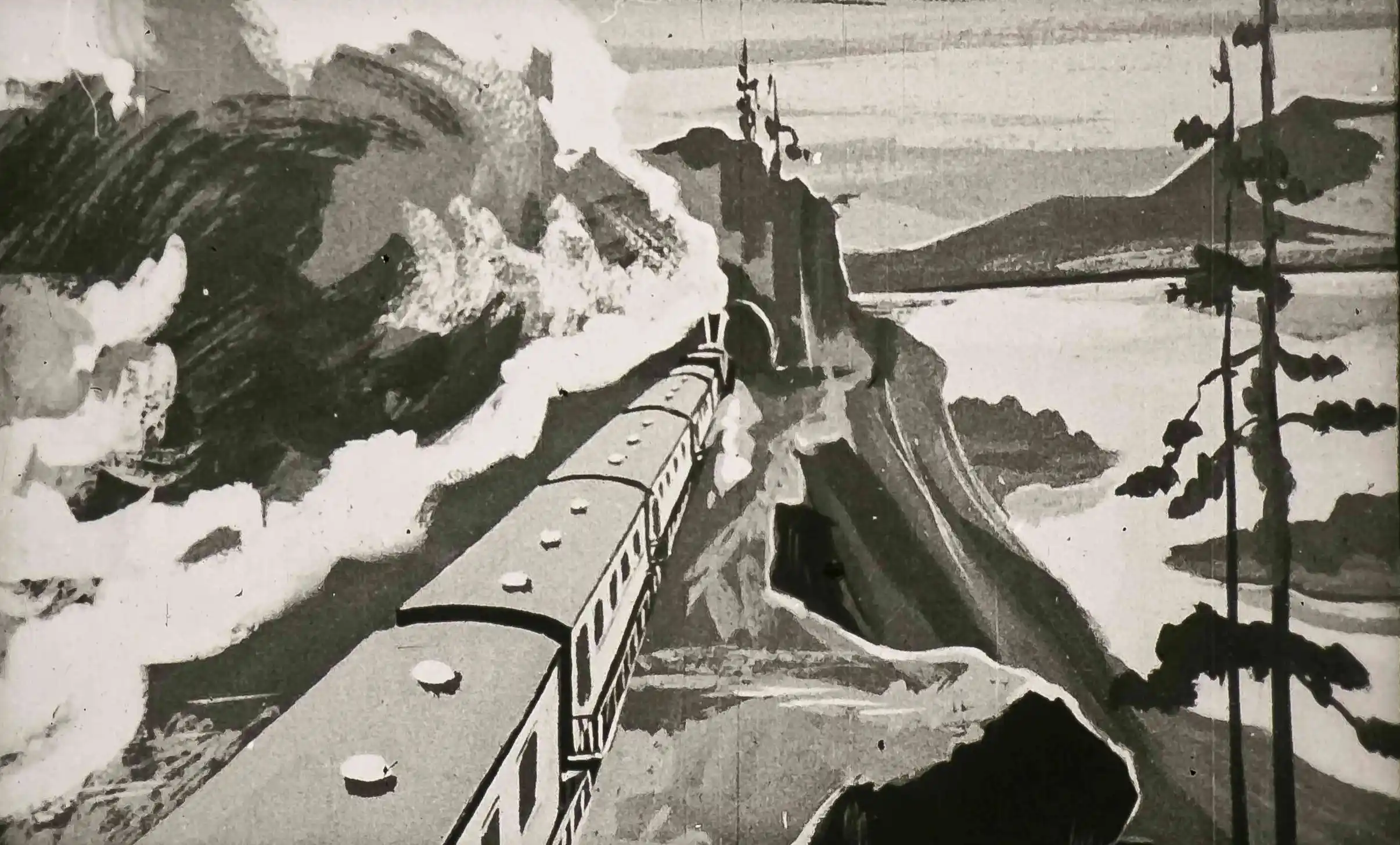 Imagine artistică a unui tren călătorind printr-un peisaj montan, cu text informativ despre o călătorie de la San Francisco la New York.