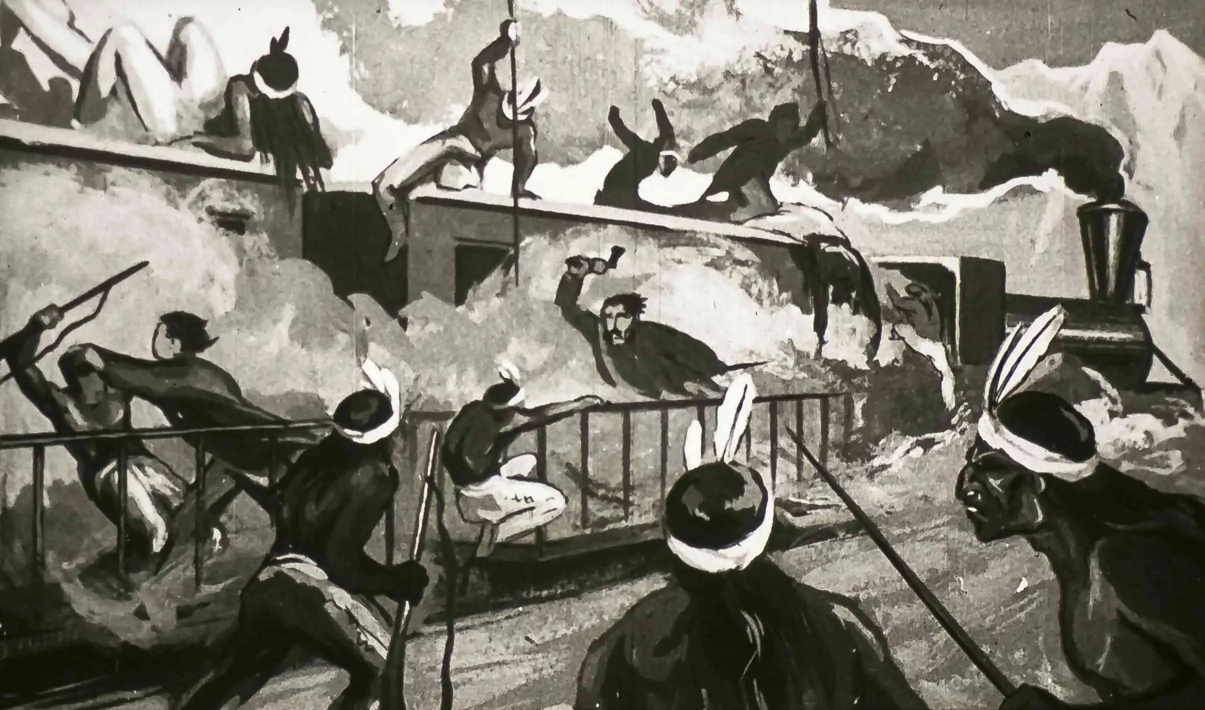 O scenă dramatică cu un tren atacat de bandiți, cu pasageri în pericol și întuneric în jur.