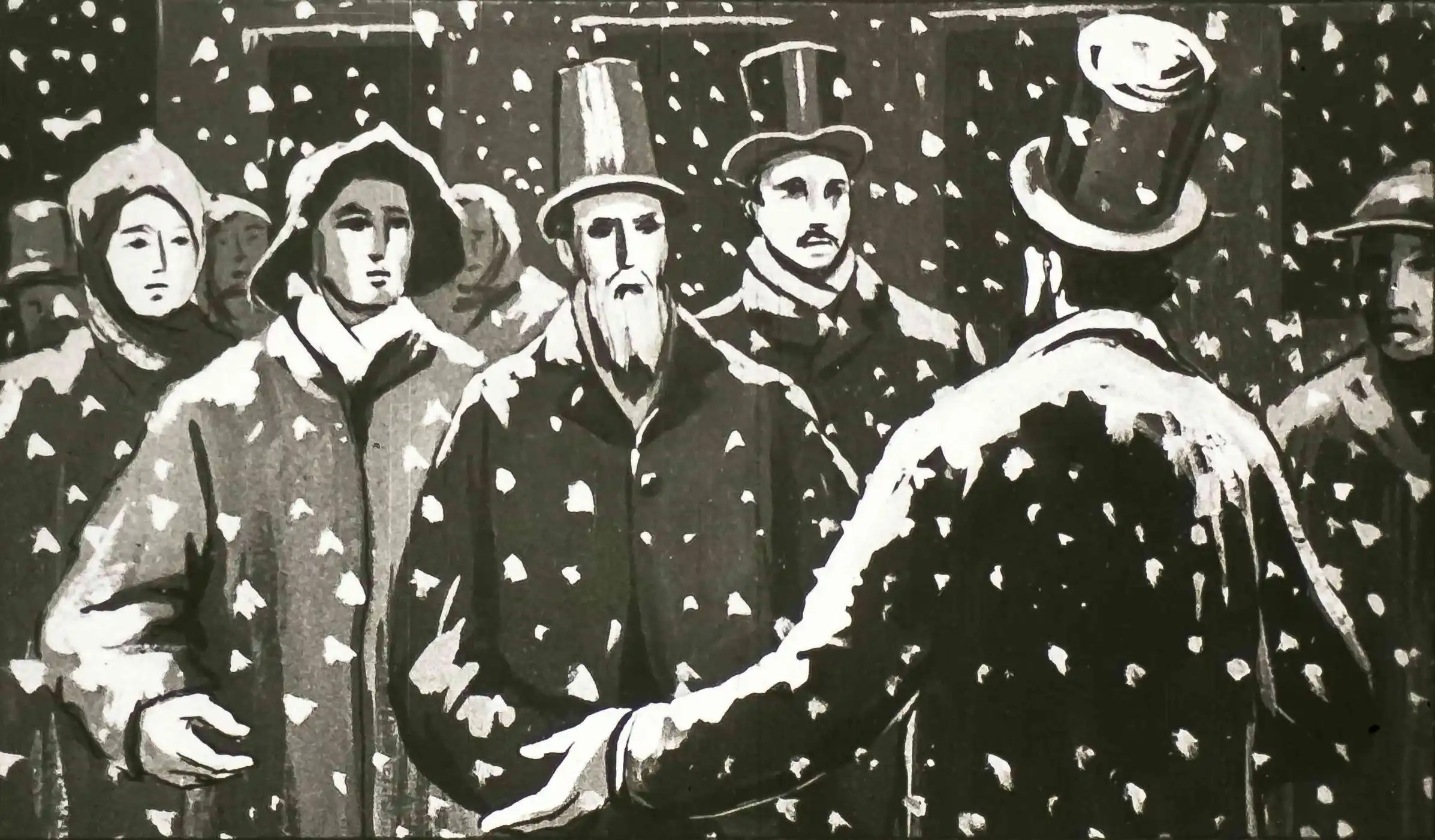 Ilustrație în alb-negru cu oameni îmbrăcați corespunzător iernii, discutând în zăpadă.