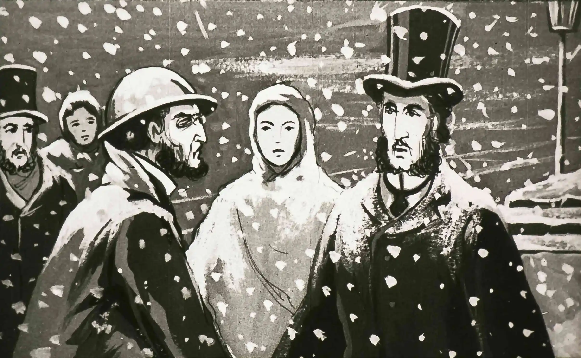 O scenă în care mai multe personaje discută în zăpadă, cu text care descrie situația.