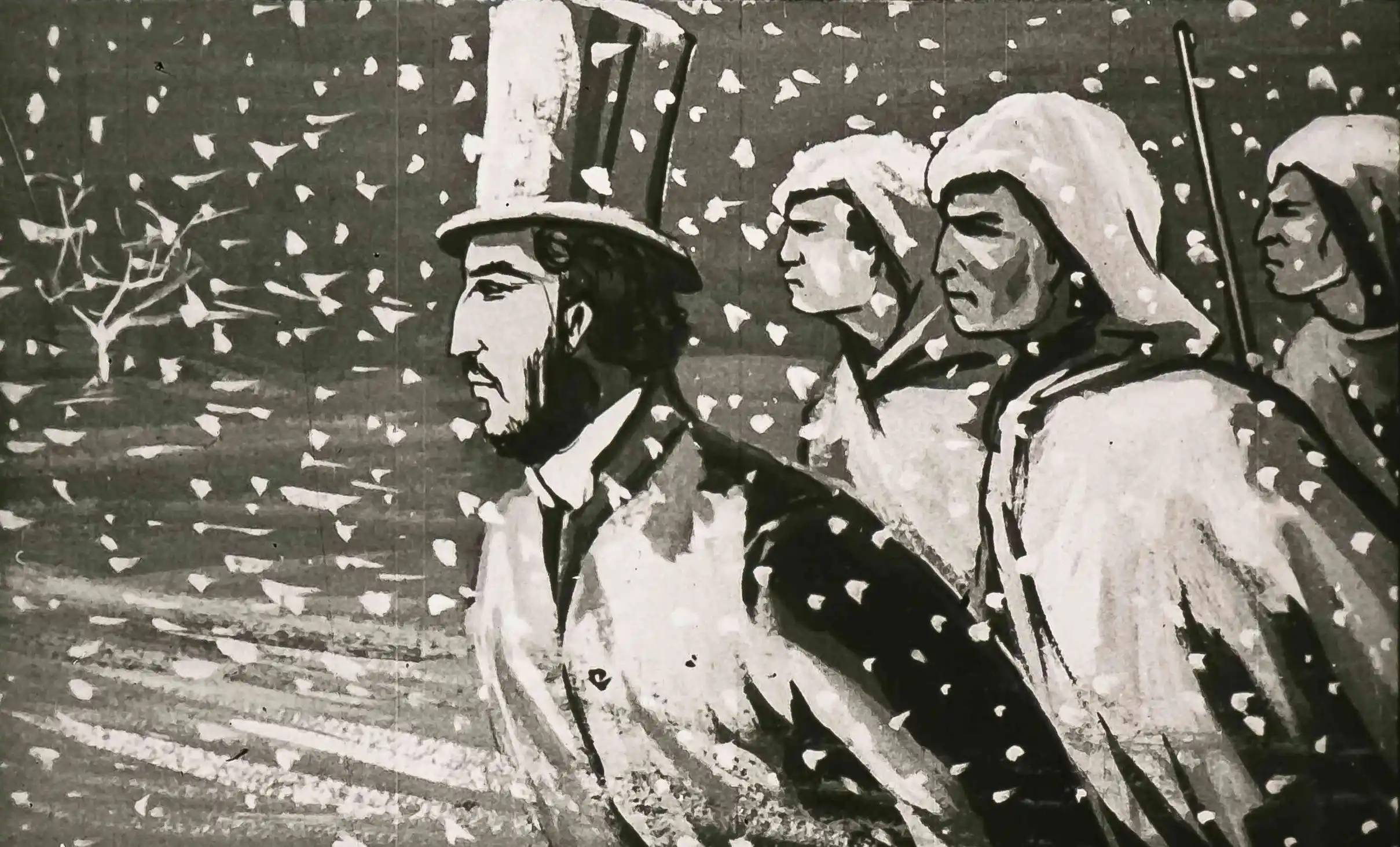 Imagine ilustrativă cu un bărbat în fruntea unui grup de călători, în timp ce ninsoarea cade în jurul lor.