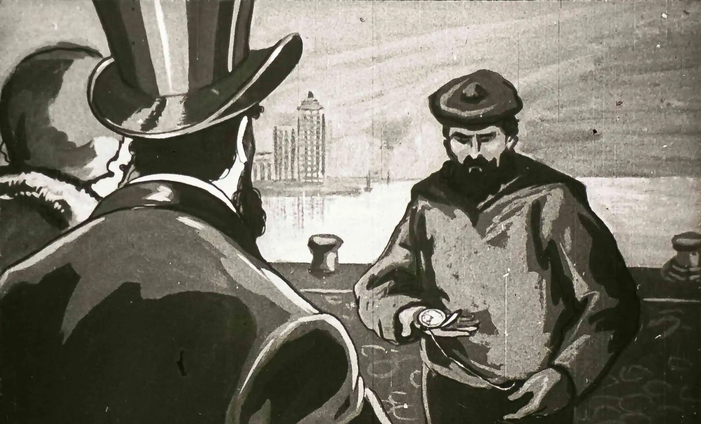 Imagine alb-negru reprezentând două personaje, unul cu joben, ce vorbește cu altul, purtând pălărie. Text scris în partea de jos indicând o întârziere la îmbarcarea pe vaporul China.