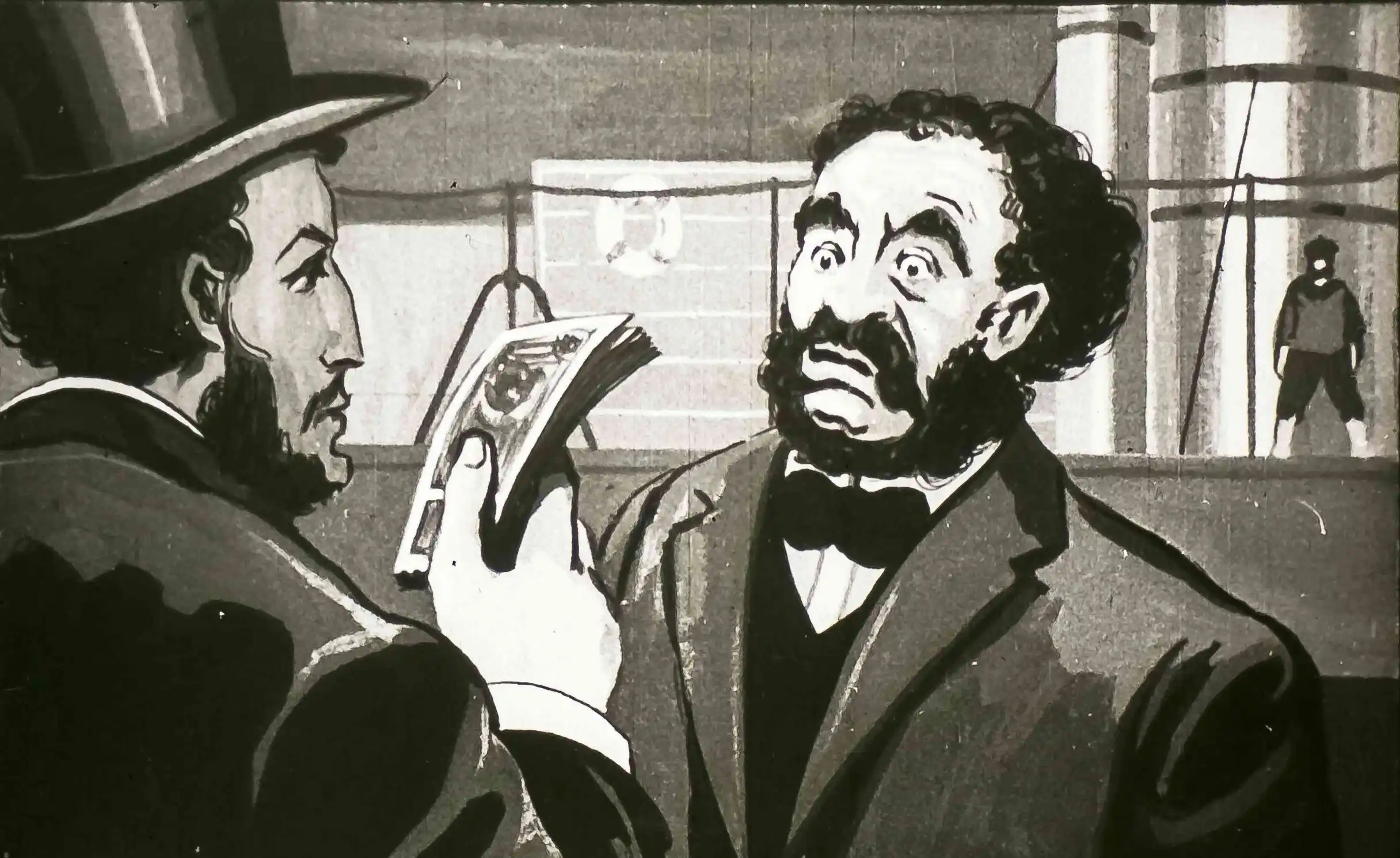 Imagine în alb-negru cu doi bărbați, unul oferind bani celuilalt, prezentând o scenă dramatică.