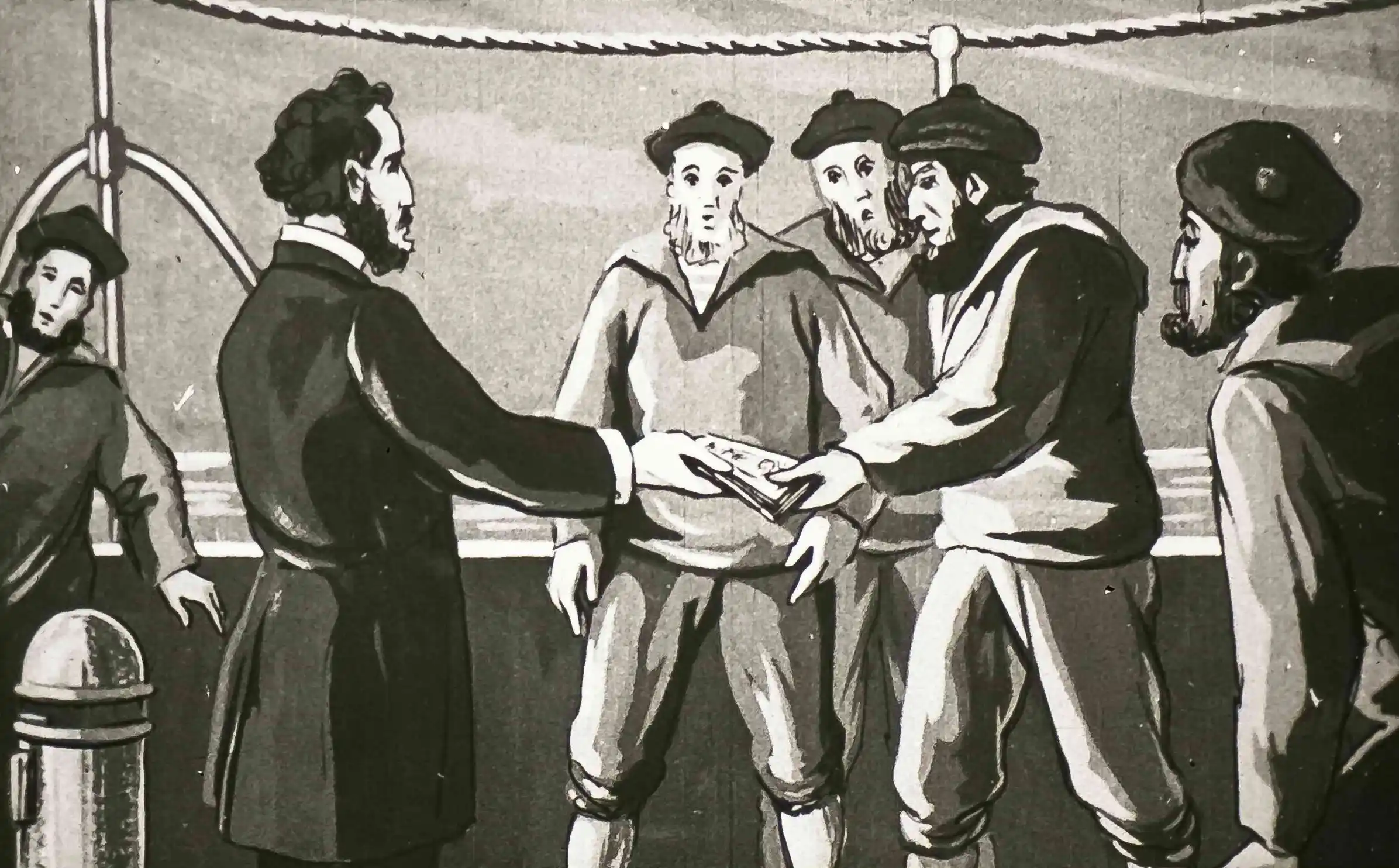 Ilustrație cu un bărbat care se întâlnește cu echipajul unui vapor, discutând despre plecarea către Liverpool.