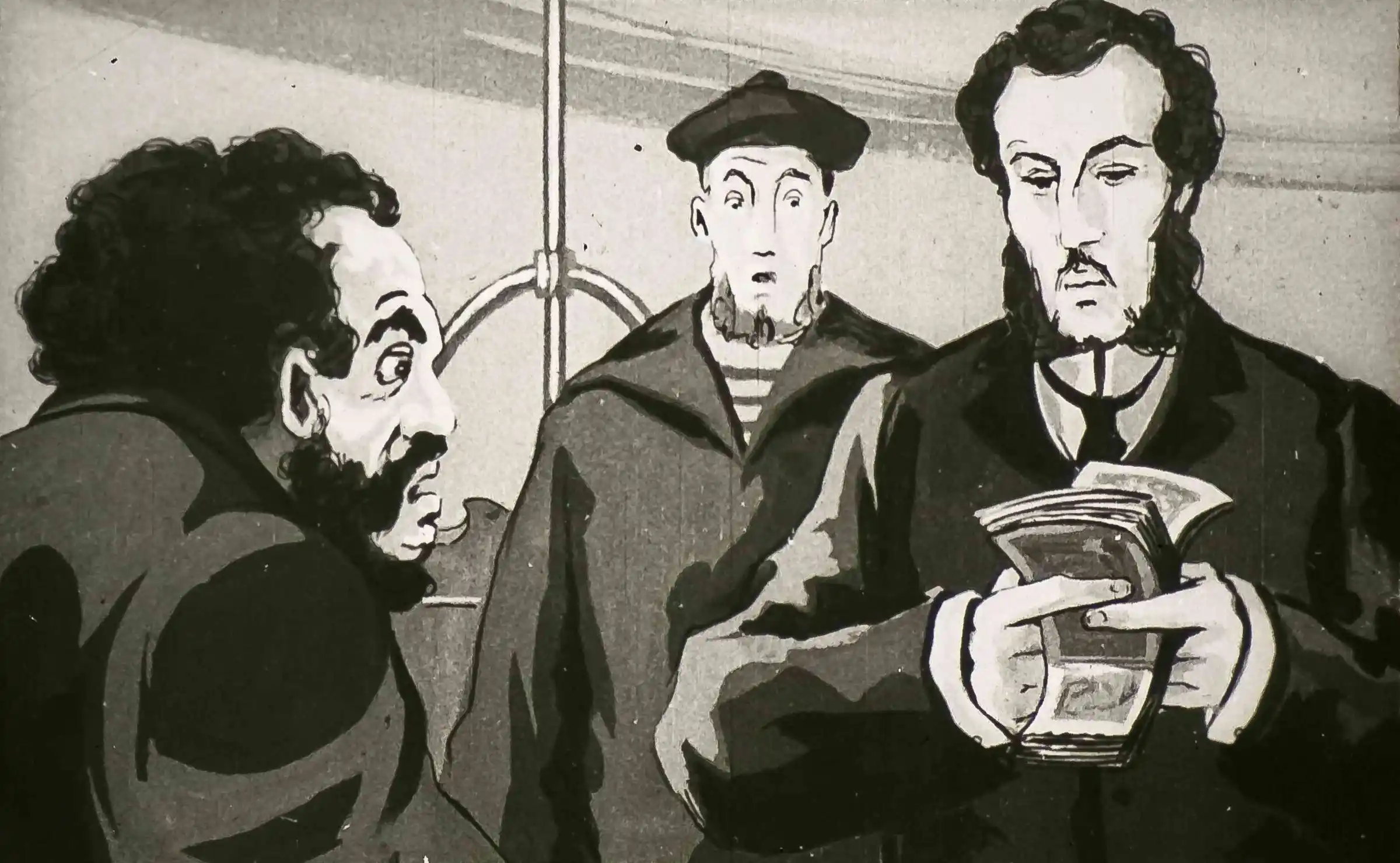 Imagine a unor personaje discutând despre o tranzacție între un căpitan și un alt bărbat.