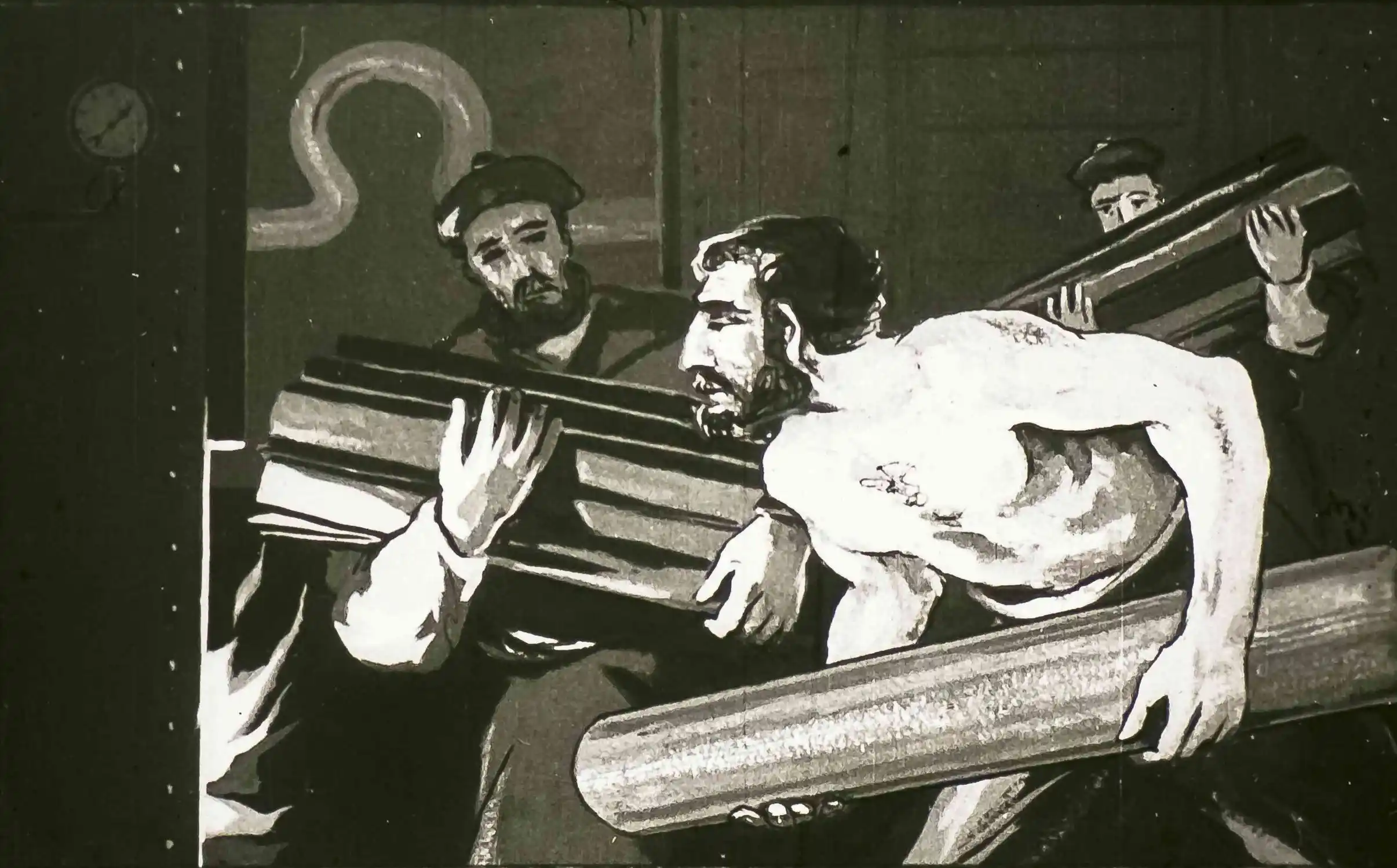 Imagine care ilustrează o scenă de muncă, cu oameni care transportă piese lemnoase pentru a le pune pe foc.