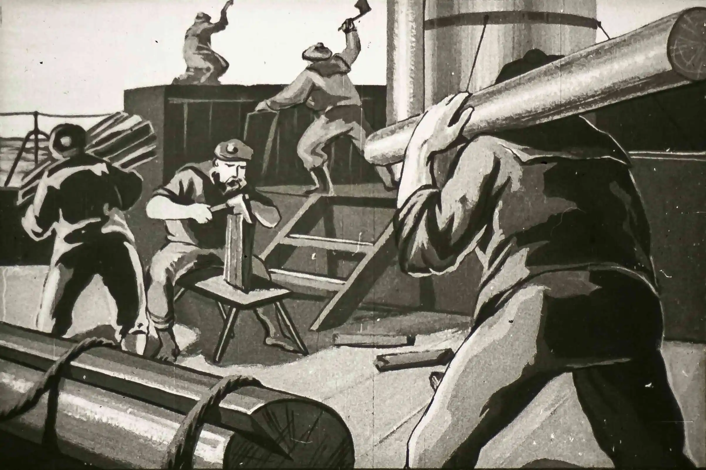 O ilustrație în care muncitori cargă materiale, cu un text care sugerează rapiditatea în transport.