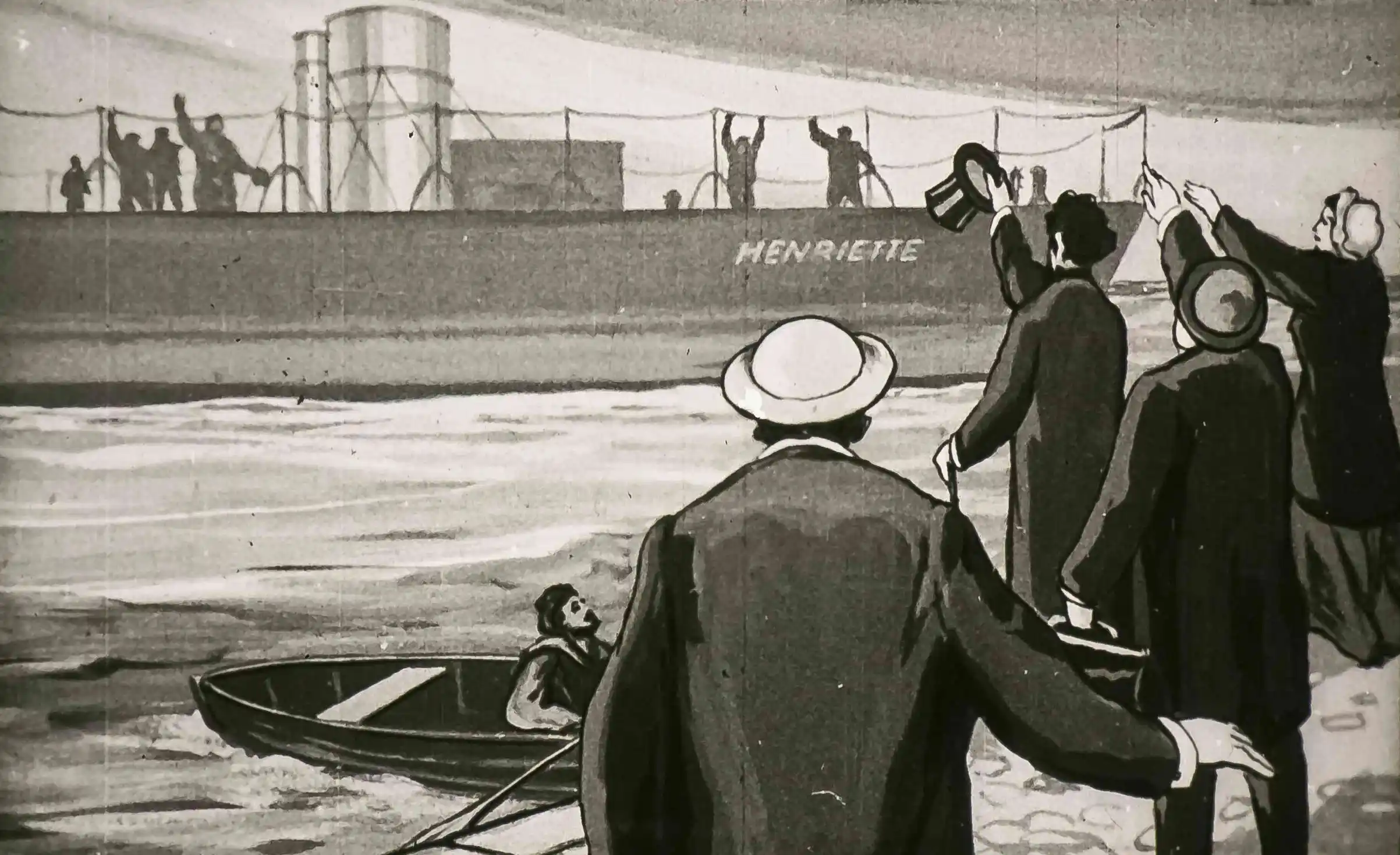 Imagine evocatoare cu oameni care salută un vapor de marfă numit Henriette, pe coasta Irlandei.