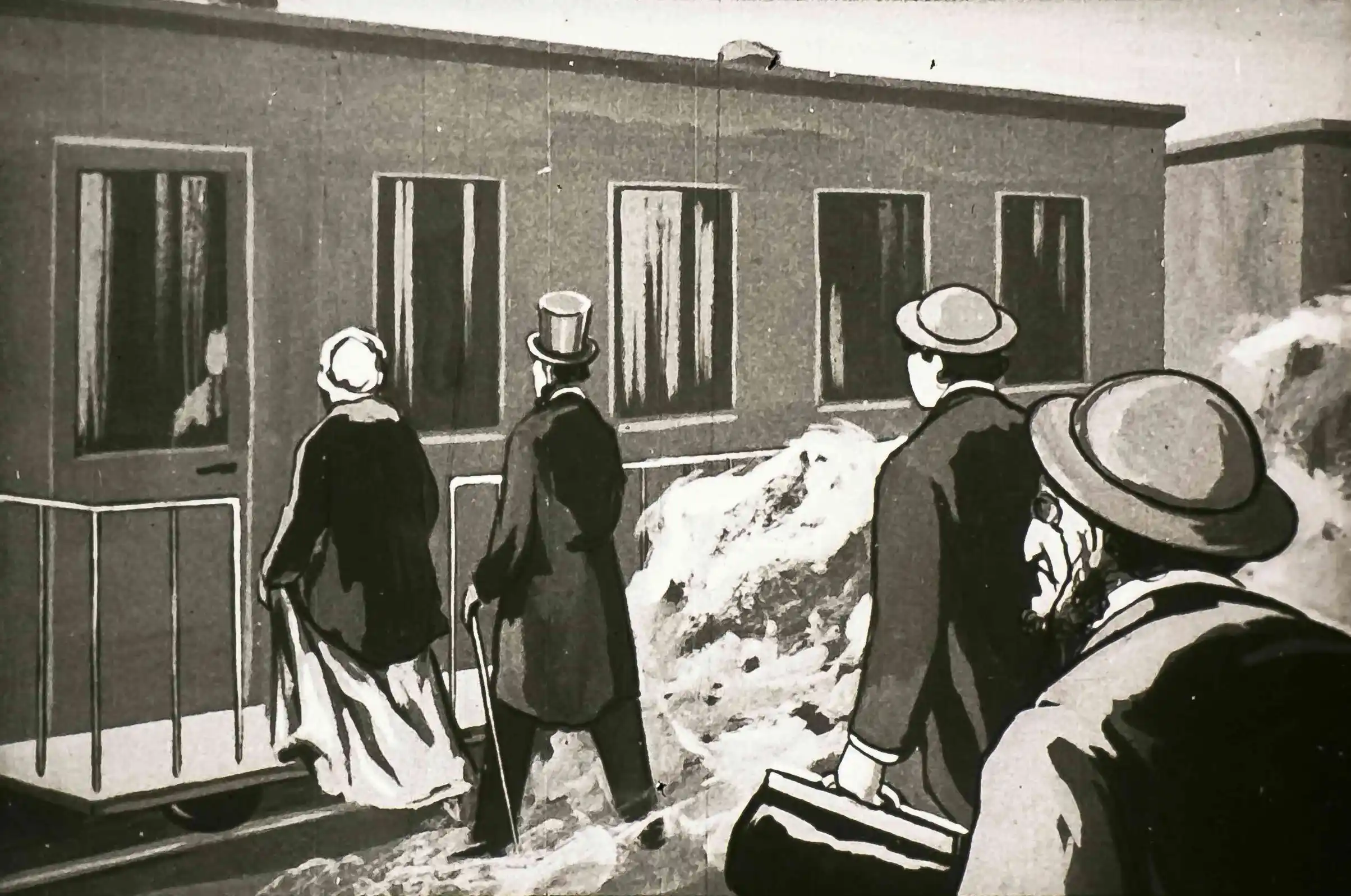 Imagine alb-negru cu patru persoane îmbrăcate elegant îndreptându-se spre un tren.