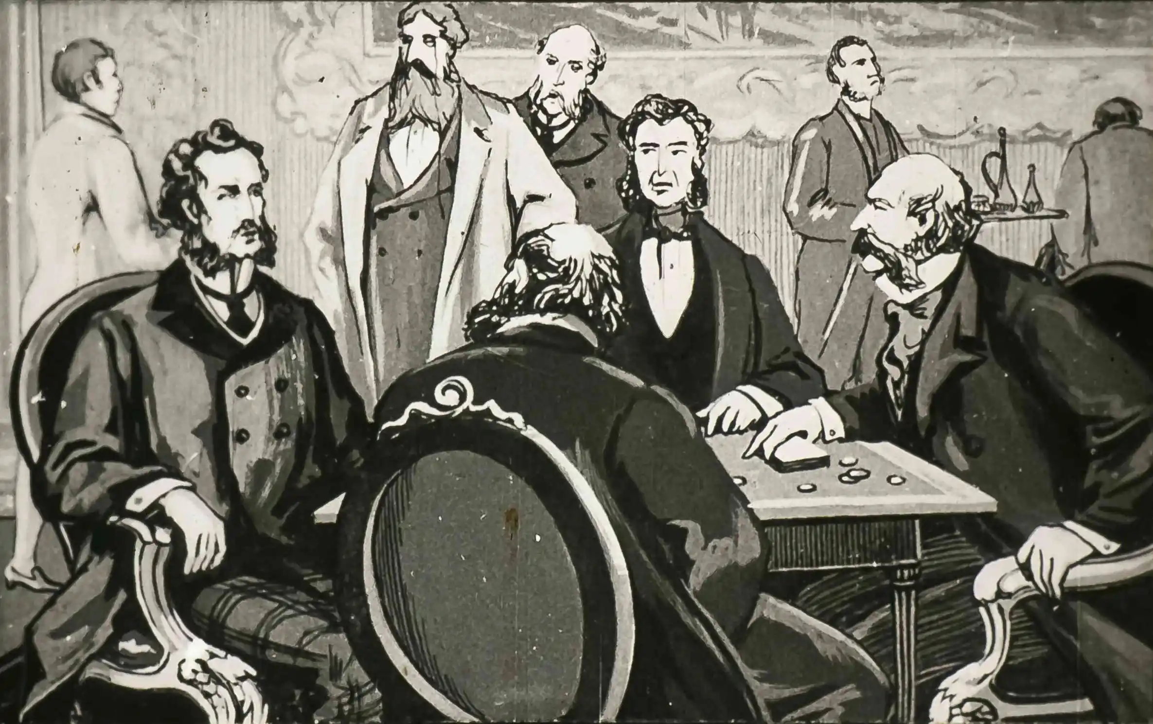 Ilustrație care prezintă un grup de bărbați jucând cărți într-un club.