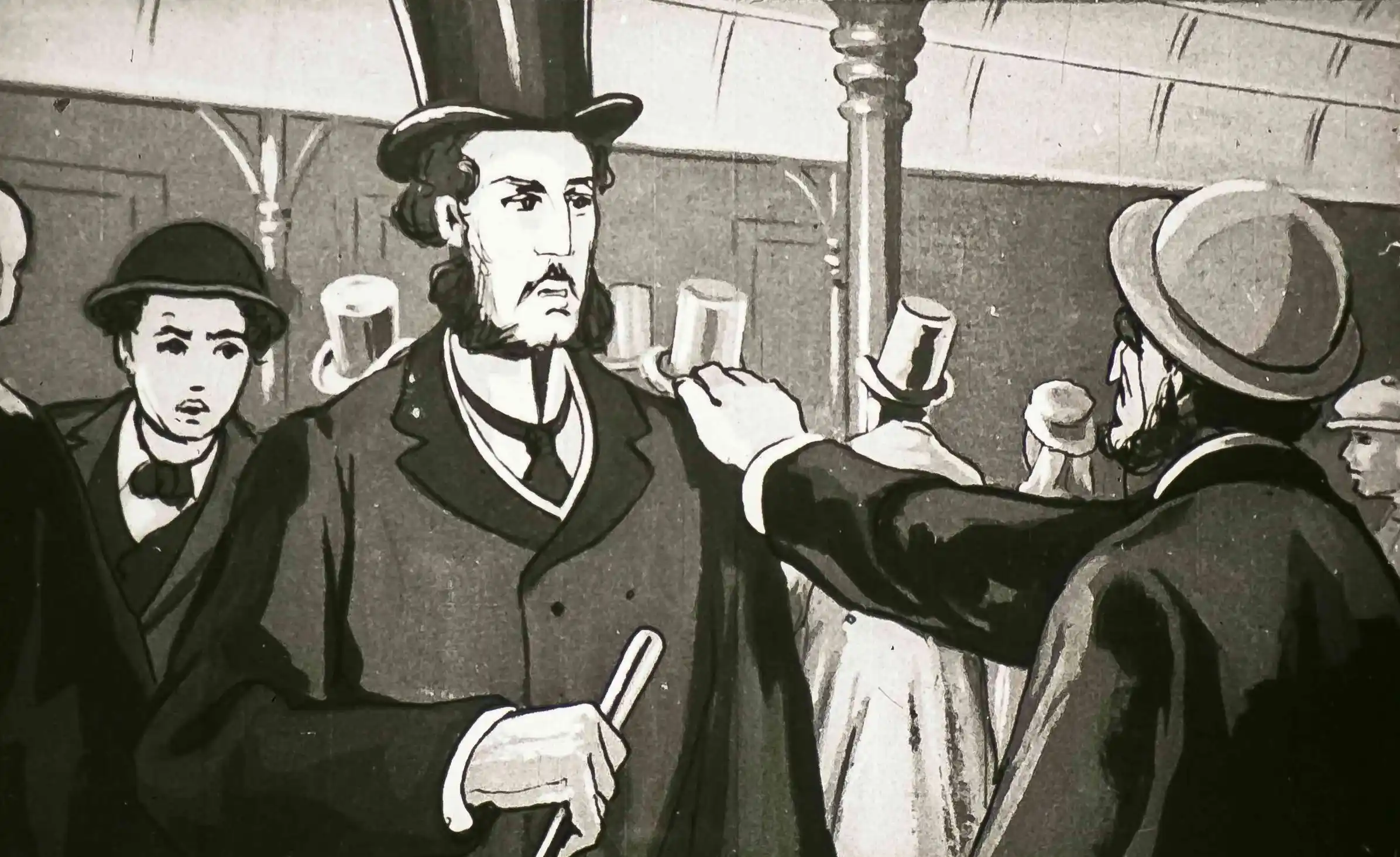 Imagine cu un grup de oameni, inclusiv un detectiv și un alt bărbat, în contextul unei povești de investigație.