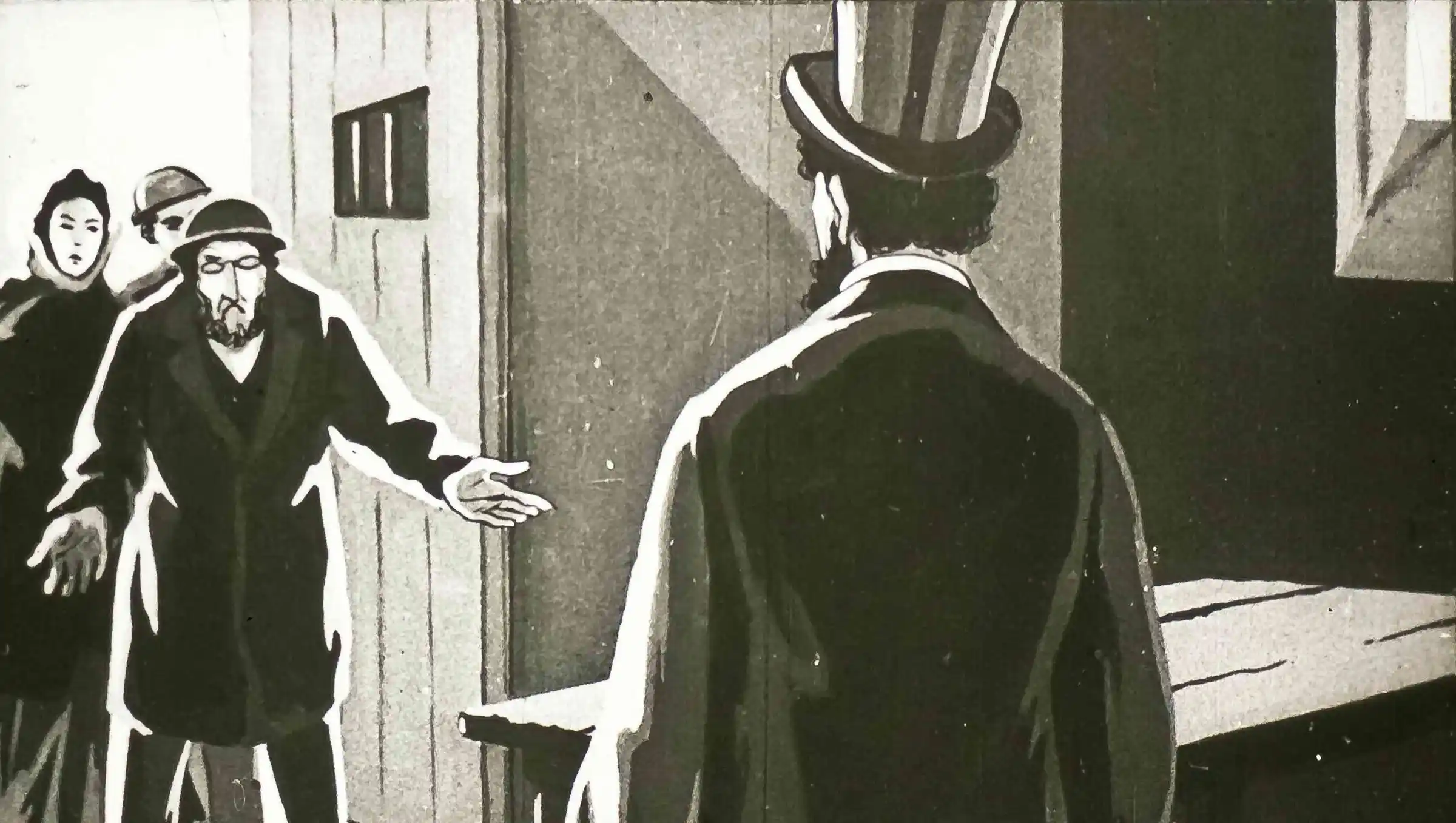 Ilustrație în alb și negru cu doi bărbați, unul în costum și pălărie, celălalt îmbrăcat casual, într-o cameră de lucru, discutând.