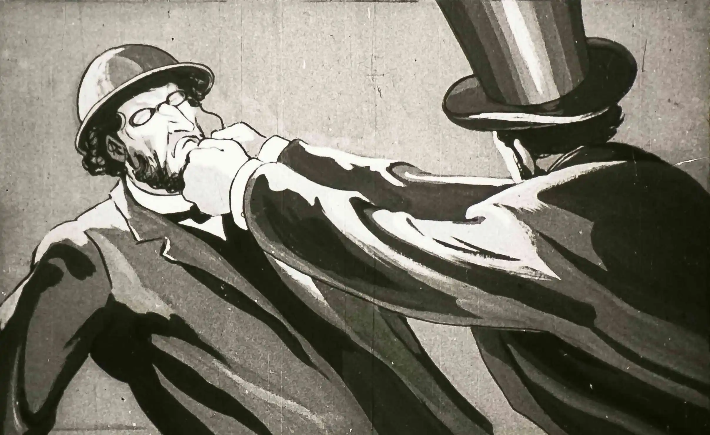 Un personaj îmbrăcat într-un costum și pălărie care lovește un alt personaj cu căciulă și ochelari.