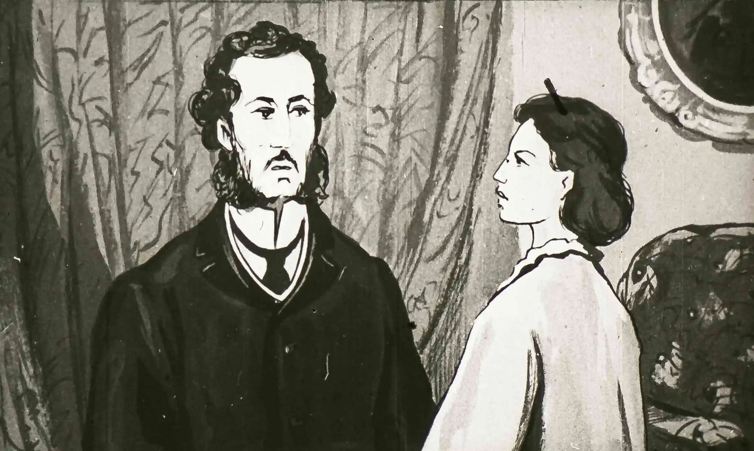 Imagine in care doi oameni au o conversație solemnă, cu un text descriptiv despre o propunere de căsătorie.