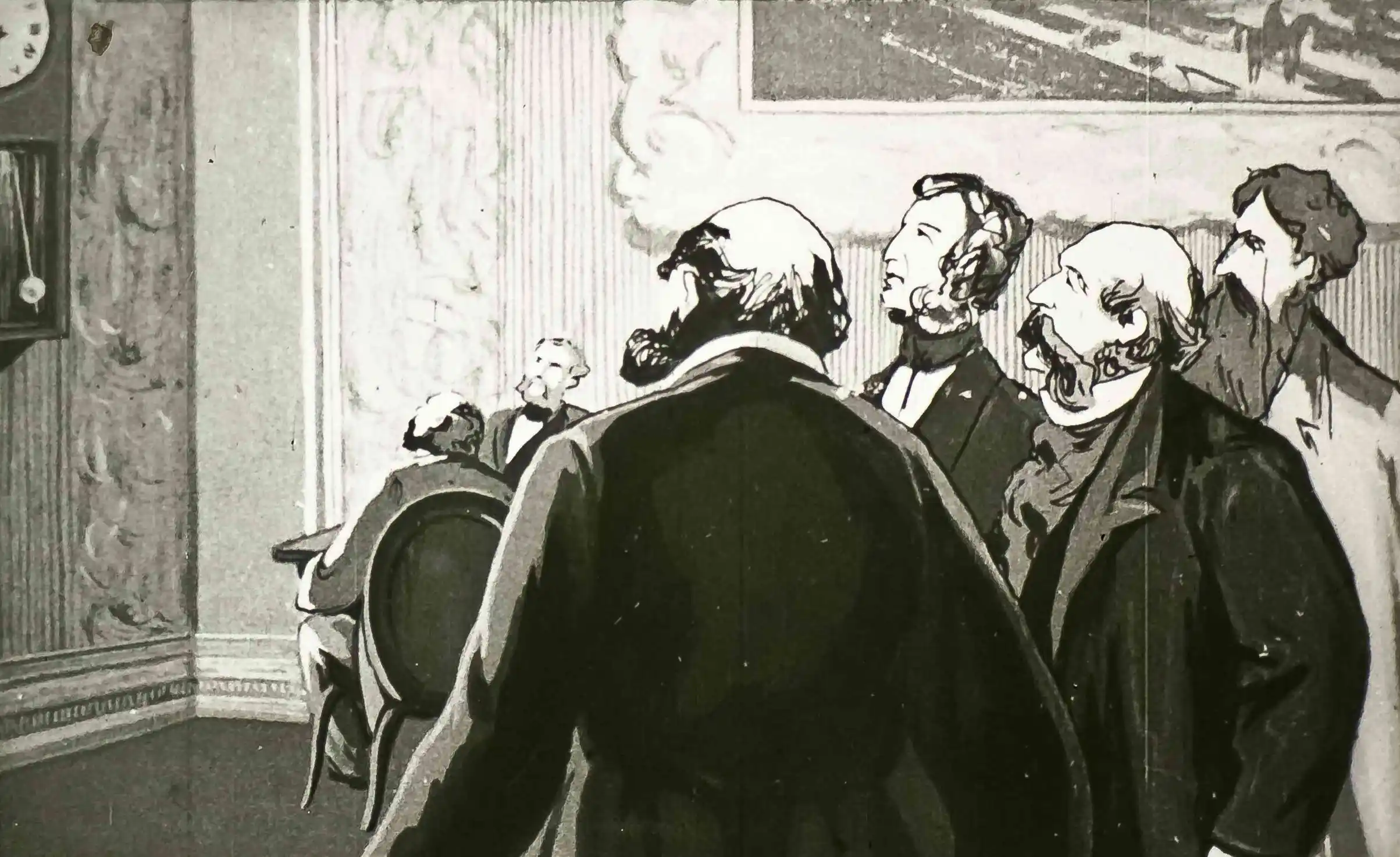 Imagine în care un grup de bărbați se adună pentru a discuta despre un pariu, cu un accent pe un personaj numit Mister Fogg.