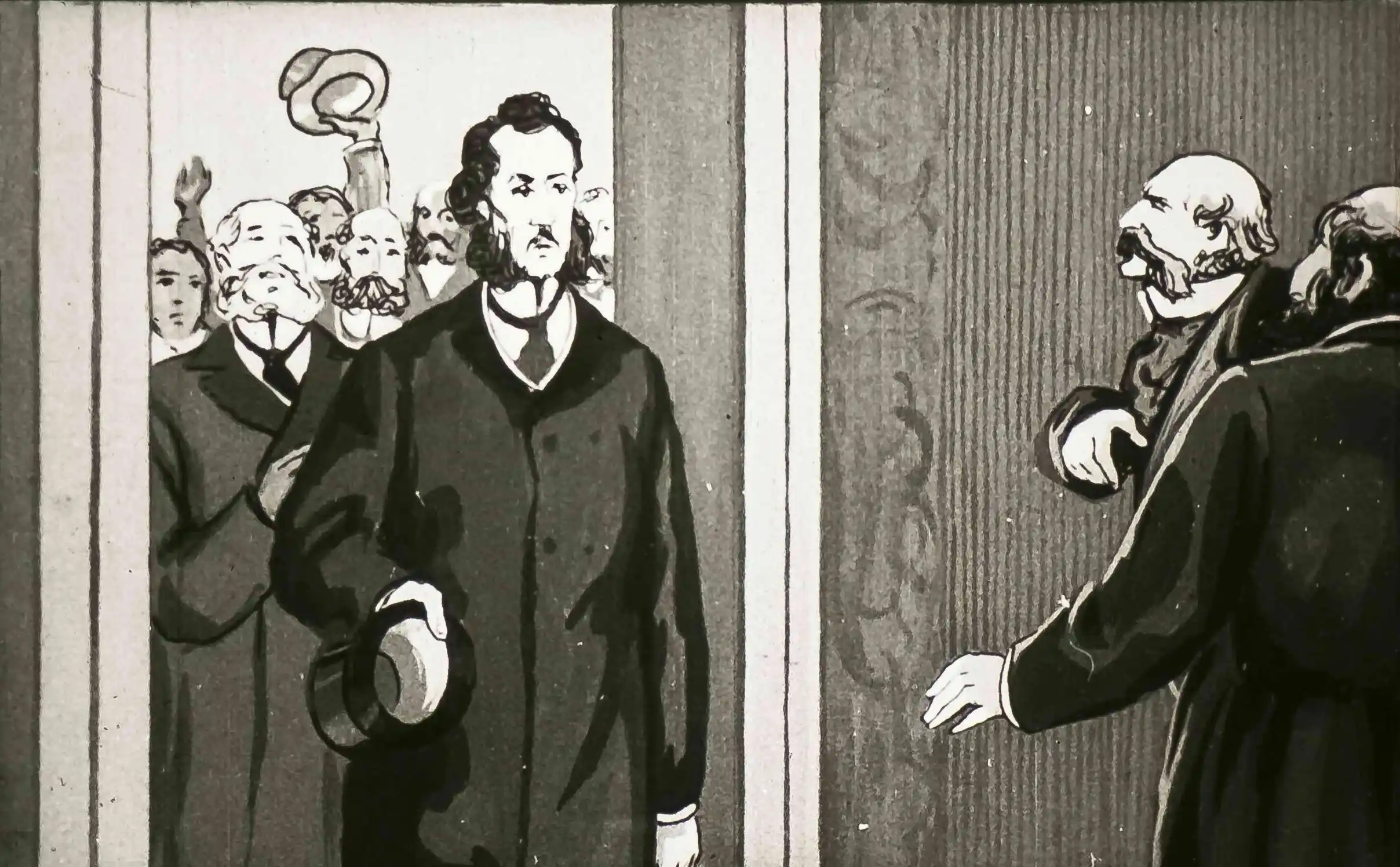 Ilustrare a unui personaj masculin îmbrăcat elegant care intră într-o cameră, cu alte personaje pe fundal, sugerând o situație de provocare sau confruntare.