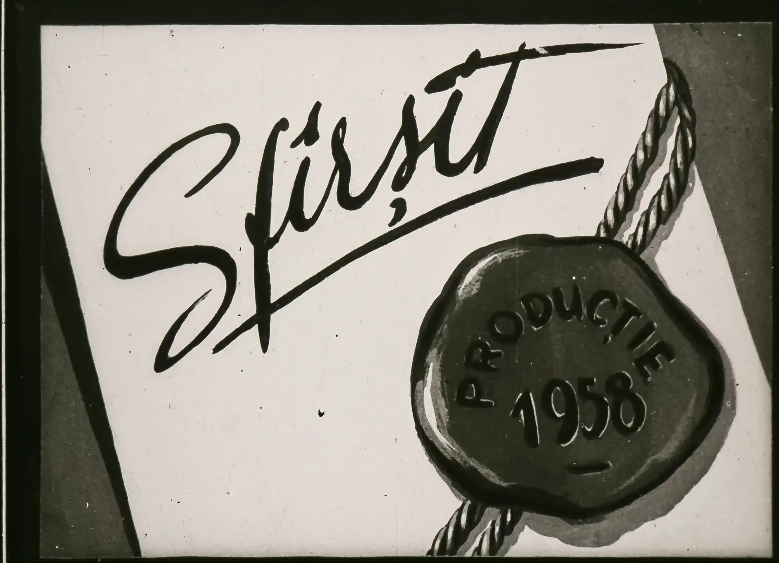 O imagine ilustrativă cu text scris artistic și un sigiliu de ceară, indicând finalizarea unei producții din 1958.