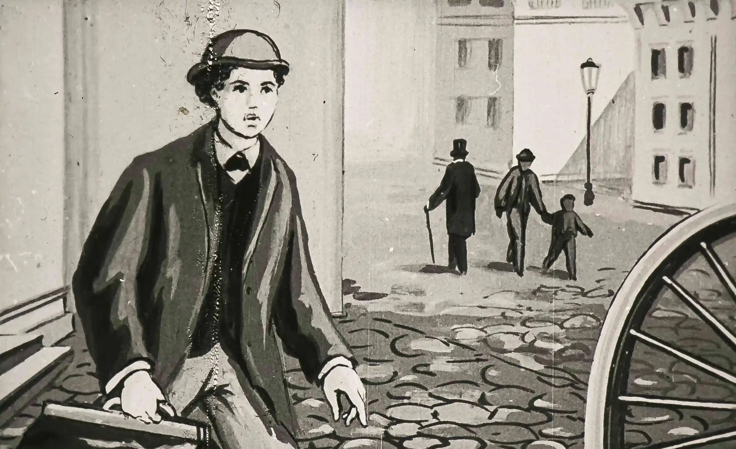 Imagine care ilustrează o scenă dintr-o poveste, cu un tânăr purtând o valiză și personaje adiacente pe o stradă pavata.