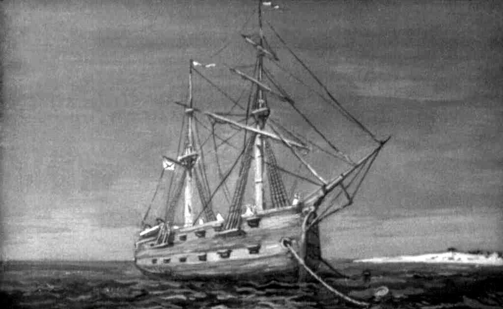 O pictură monocromă cu o navă istorică ancorată pe apă, înconjurată de un peisaj de coastă.