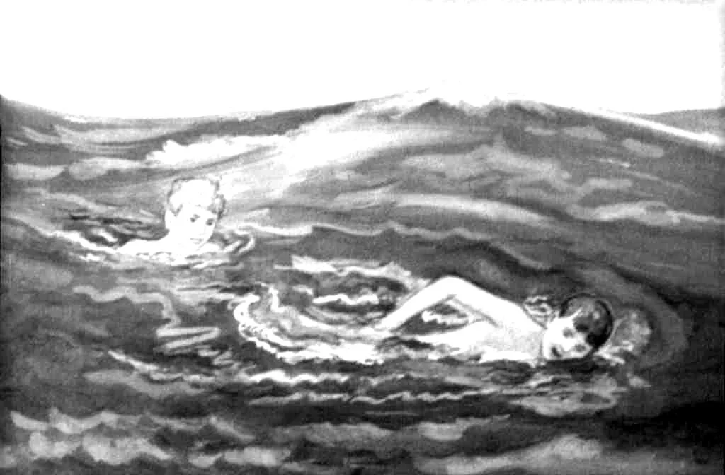 Imagine alb-negru cu doi copii înotând în mare, cu valuri și un peisaj acvatic.