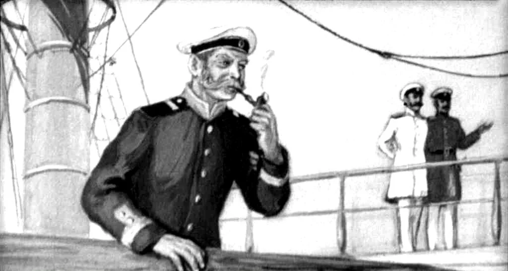 Ilustrație cu un ofițer naval fumând o pipă pe puntea unui vas, în fundal alți doi ofițeri.