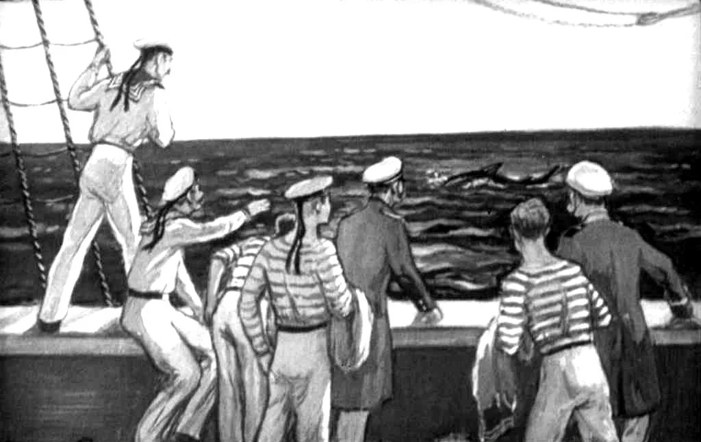 Desen animat cu marinari pe o barcă, observând ceva în apă.