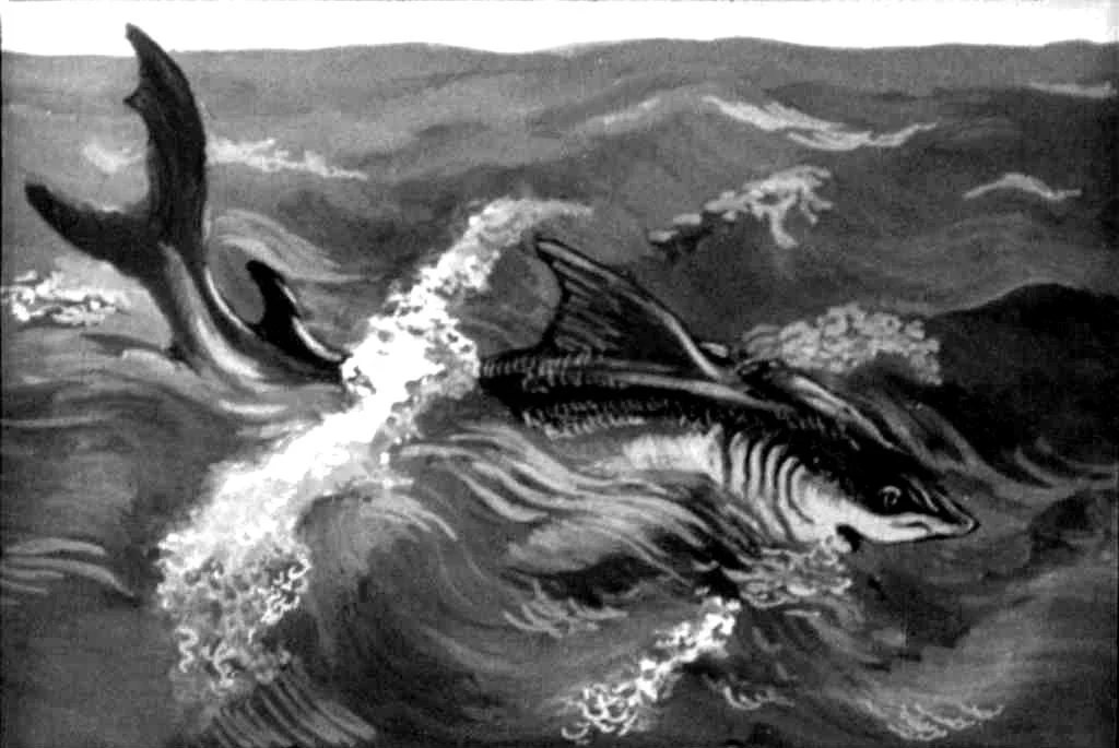 Ilustrație în alb și negru cu un pește mare înotând prin valuri agitate.