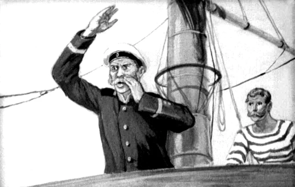 Două personaje pe o navă, unul în uniformă de marinar strigând, iar celălalt purtând un tricou în dungi.