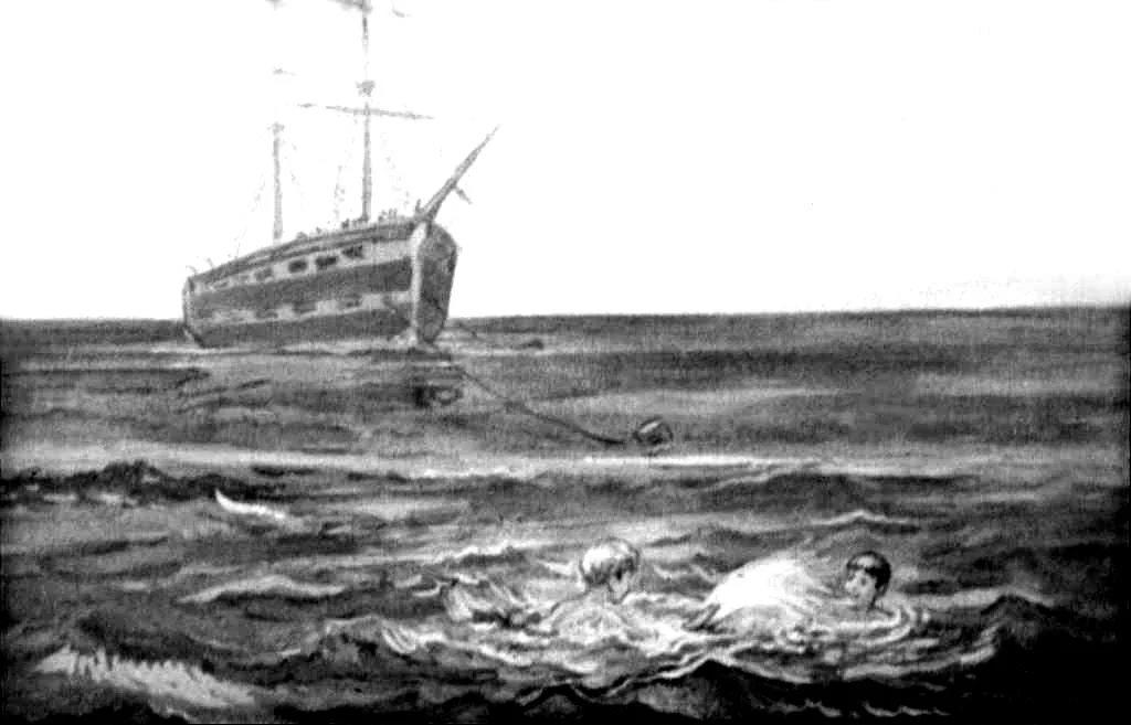 Ilustrație în alb și negru cu un vapor pe fundal și două persoane înotând în apă.