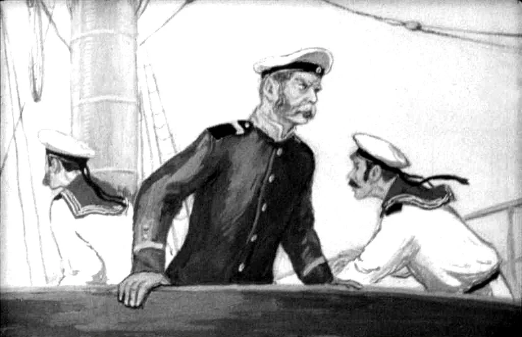 Ilustrație în alb și negru cu trei marinari pe un vas, unul dintre ei purtând o uniformă distinctivă, privind cu îngrijorare în față.